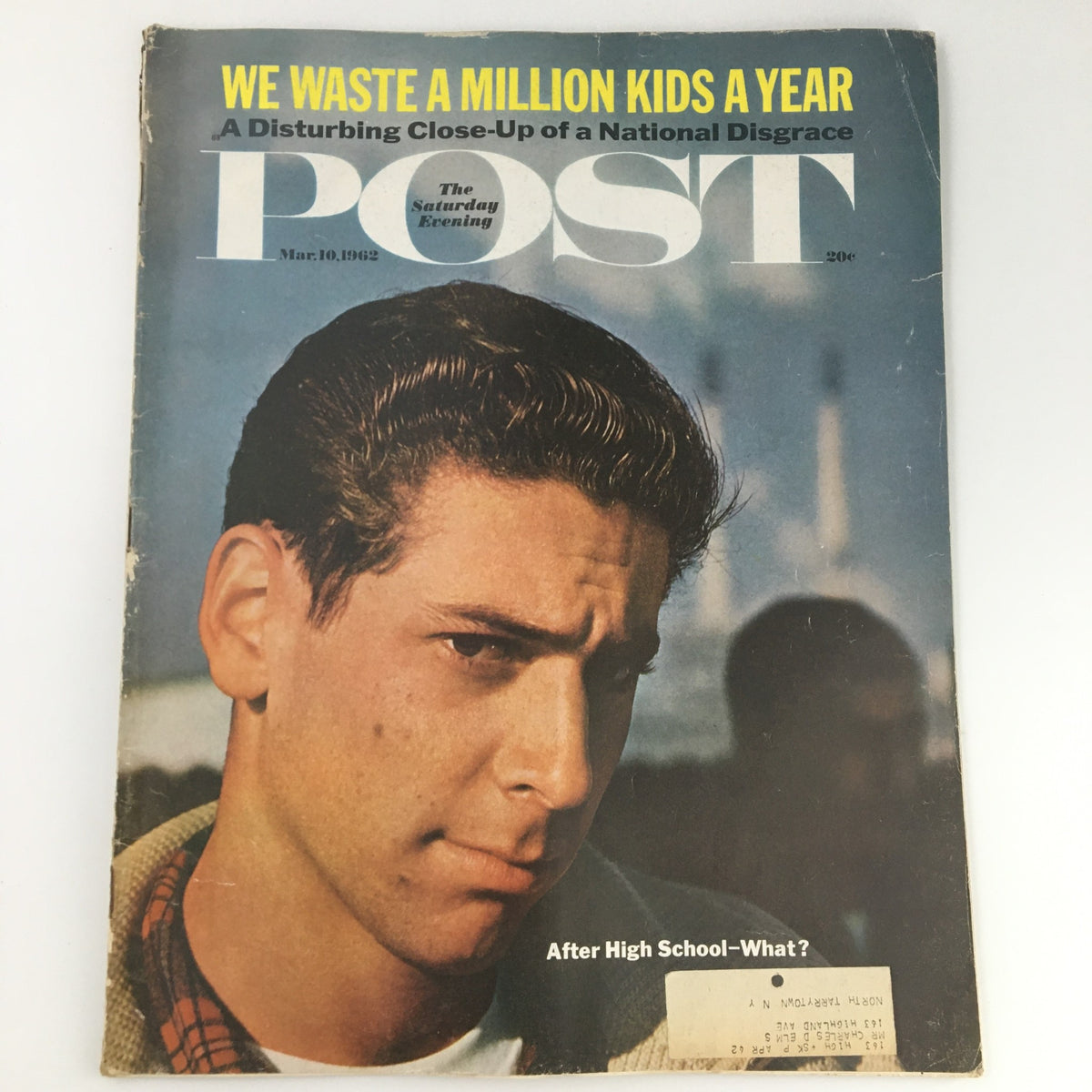 Cover of The Saturday Evening Post from March 10, 1962, featuring the headline 'We Waste A Million Kids A Year' and an image of a young man in thoughtful expression, representing a close-up of a national disgrace.