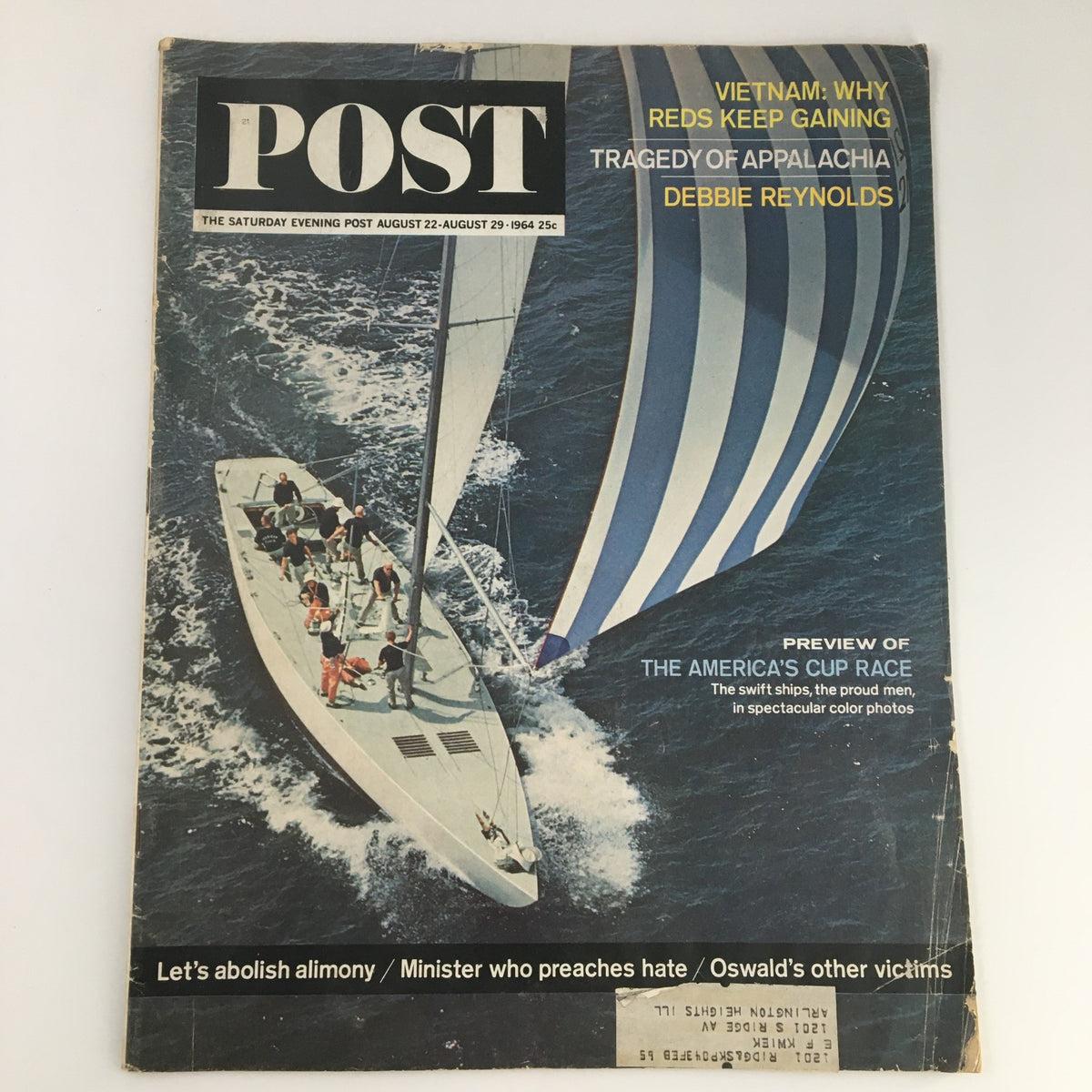 Cover of The Saturday Evening Post August 22-29, 1964, featuring a preview of the America's Cup Race with a sailboat and accompanying text about the event.