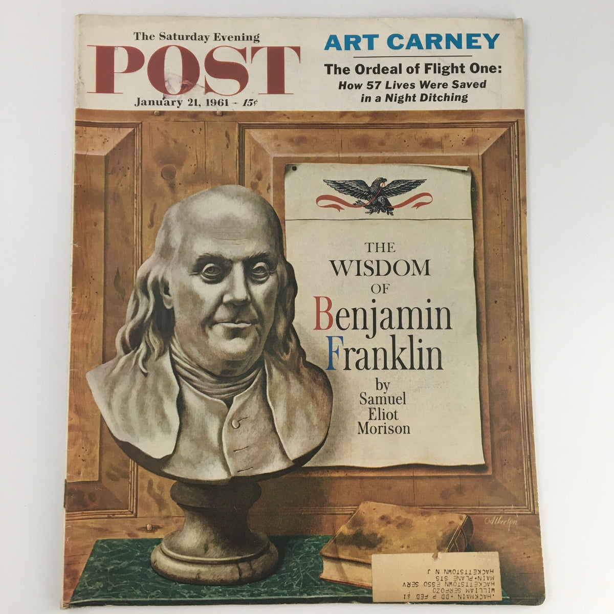 Cover of The Saturday Evening Post, January 21, 1961 featuring a bust of Benjamin Franklin, accompanied by the title 'The Wisdom of Benjamin Franklin' by Samuel Morison, showcasing vintage magazine aesthetics.