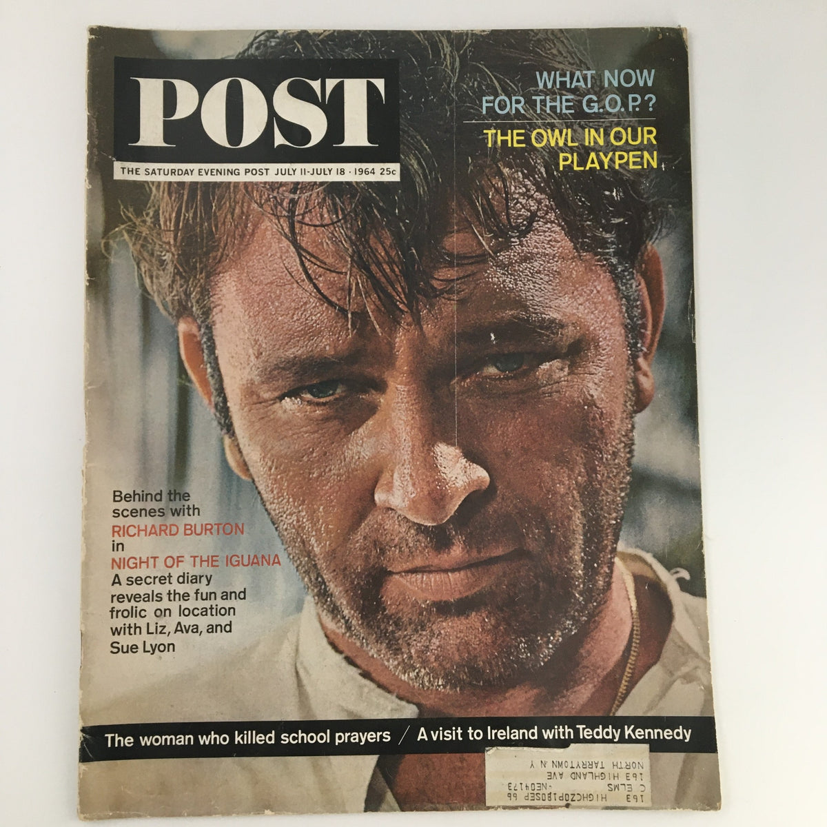 Cover of The Saturday Evening Post July 11-18, 1964 featuring Richard Burton. The magazine showcases a striking image of the actor along with articles discussing his role in 'Night of the Iguana' and other cultural topics from the 1960s.