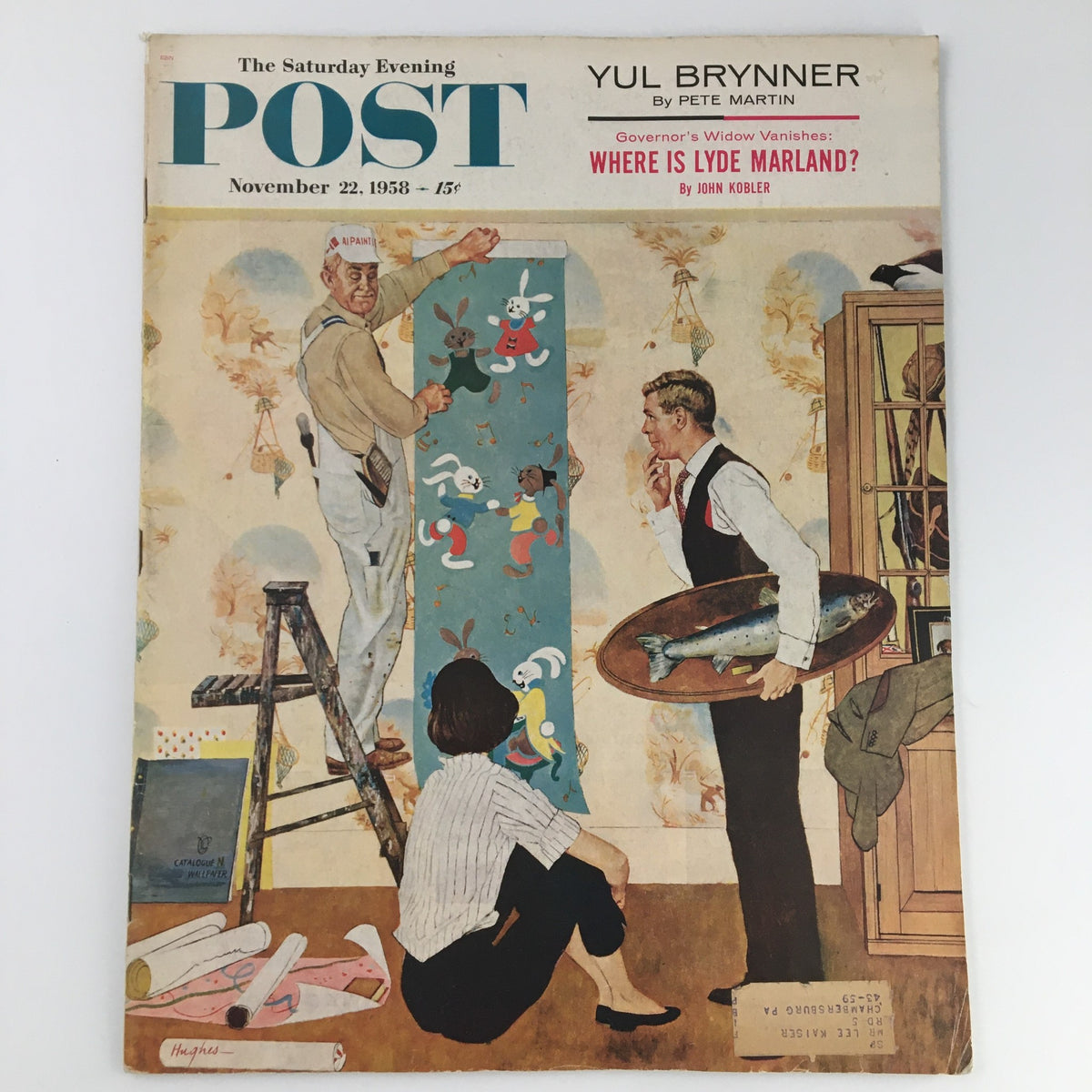 Cover of The Saturday Evening Post from November 22, 1958, featuring Yul Brynner in an article by Pete Martin. The artwork depicts a painter on a ladder, a man in a suit holding a fish on a platter, and a woman observing artwork in a home setting.