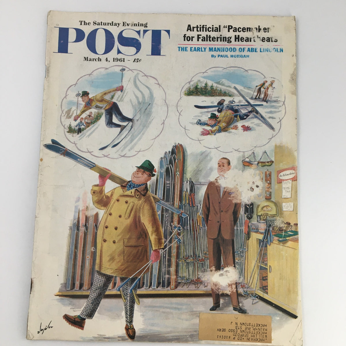 Cover of The Saturday Evening Post dated March 4, 1961, featuring an illustration related to skiing and highlights the article 'The Early Manhood of Abe Lincoln' by Paul Horgan.