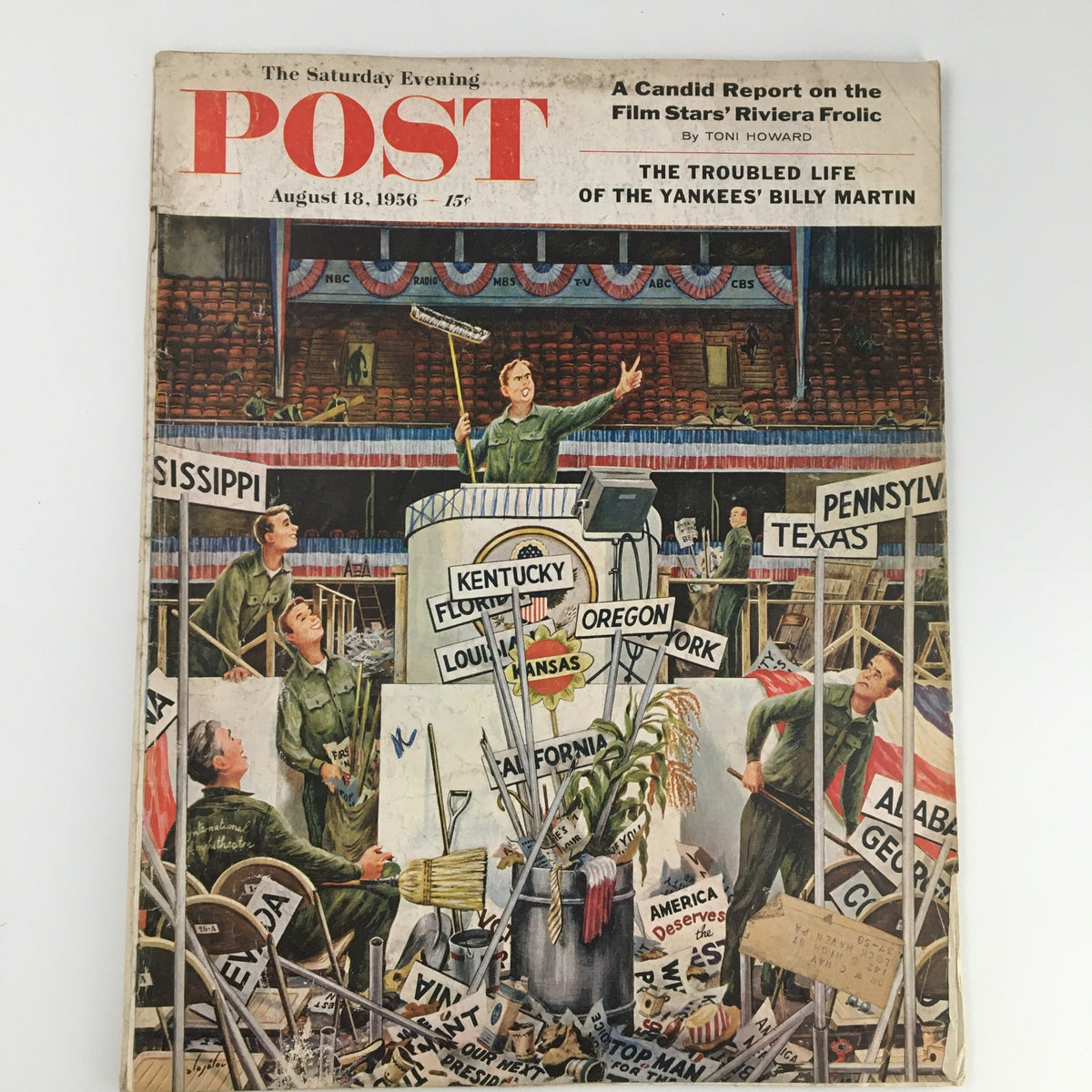 Cover of The Saturday Evening Post August 18, 1956 showcasing the troubled life of Yankees' Billy Martin with art depicting a sports scene.