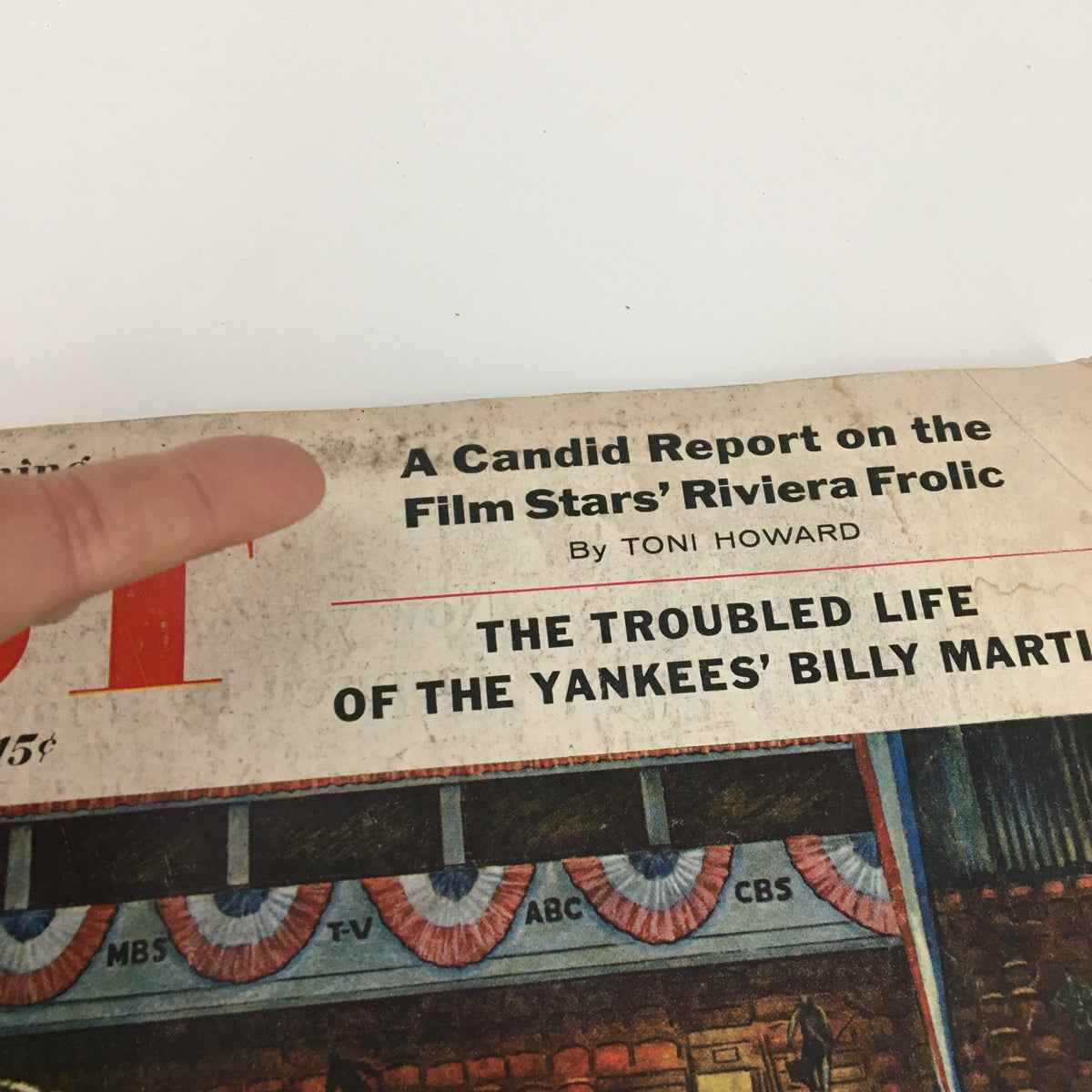 Detailed view of The Saturday Evening Post August 18, 1956 cover showing the subtitle about the film stars' Riviera frolic.