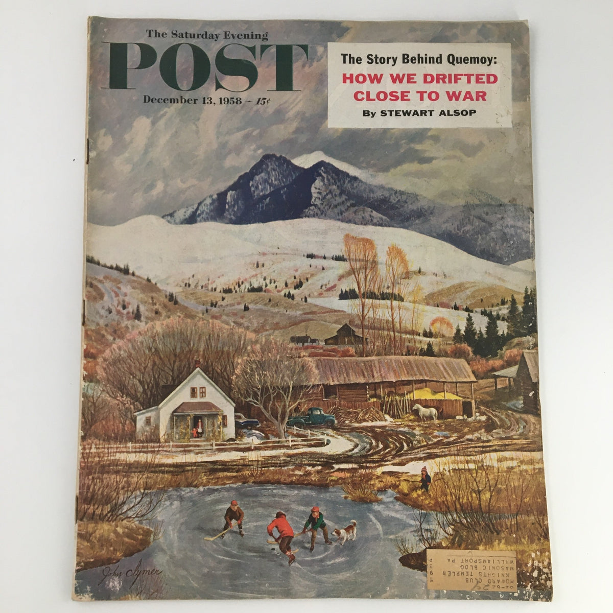 Cover of The Saturday Evening Post dated December 13, 1958, featuring the article 'How We Drifted Close to War' by Stewart Alsop, depicting a winter scene with children ice skating, a house, and mountains in the background.