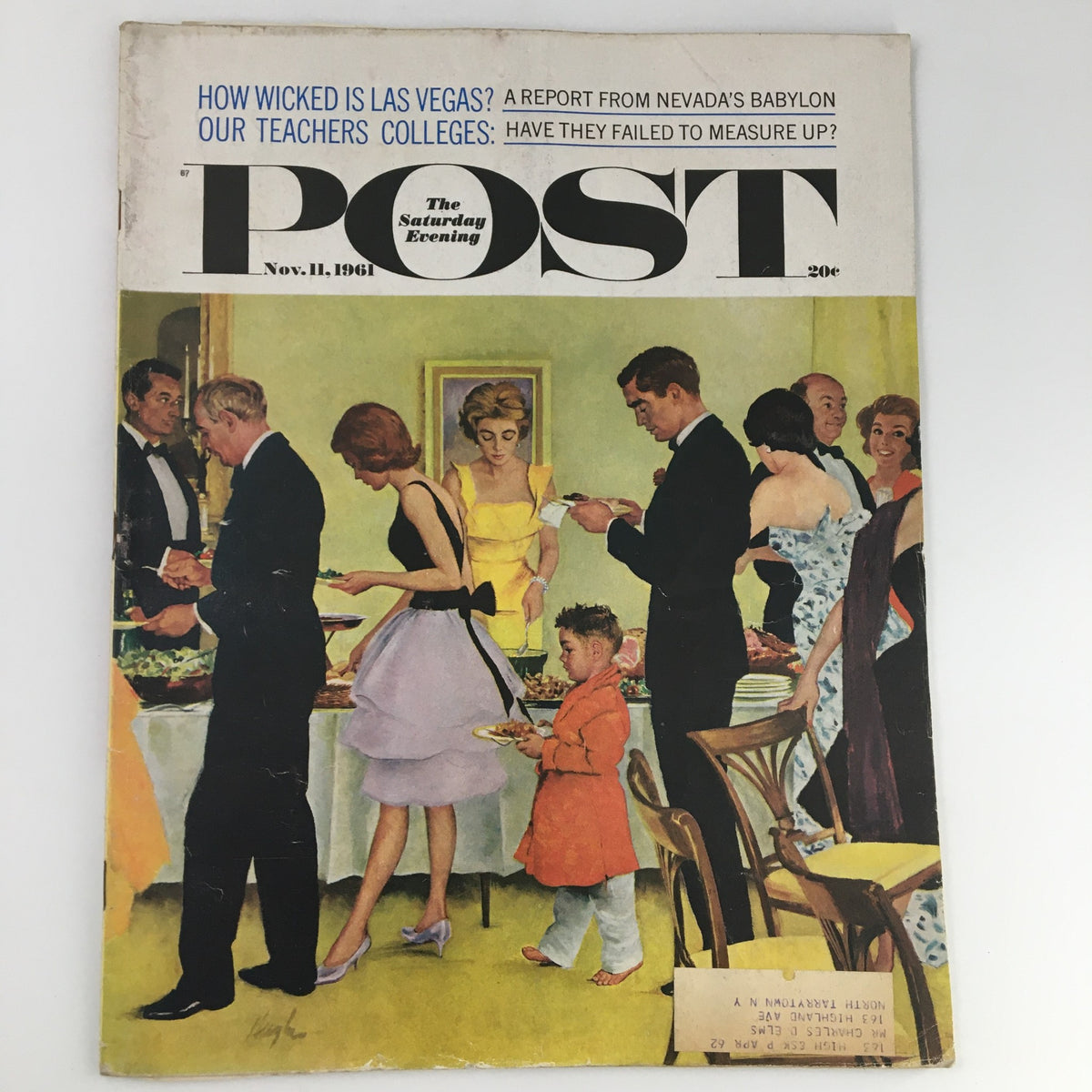 Cover of The Saturday Evening Post from November 11, 1961, featuring a lively social gathering with elegantly dressed individuals at a party.