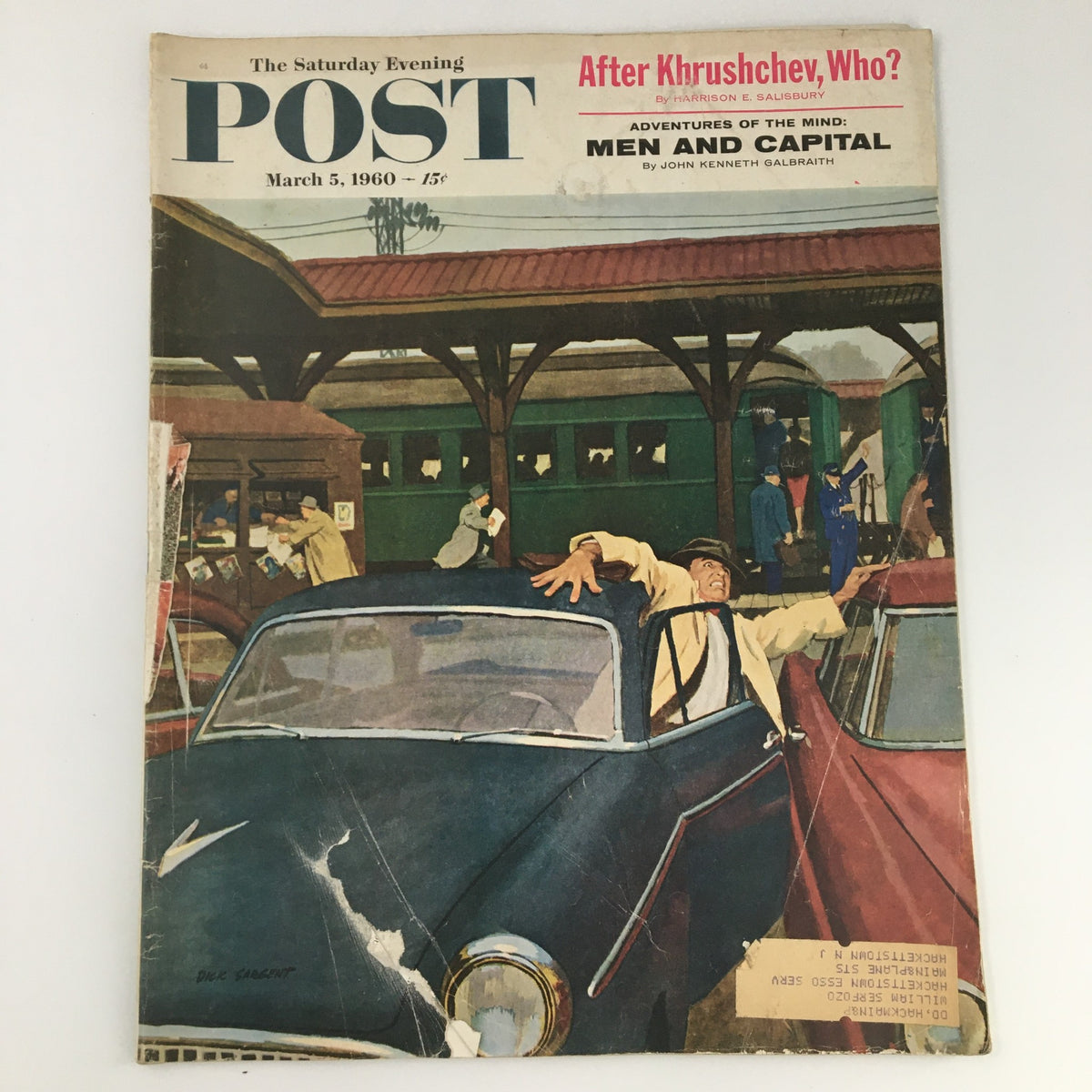 Cover of The Saturday Evening Post from March 5, 1960 featuring an illustration depicting a bustling scene with a car and people, titled 'After Khrushchev, Who?' and showcasing the magazine's vintage charm.