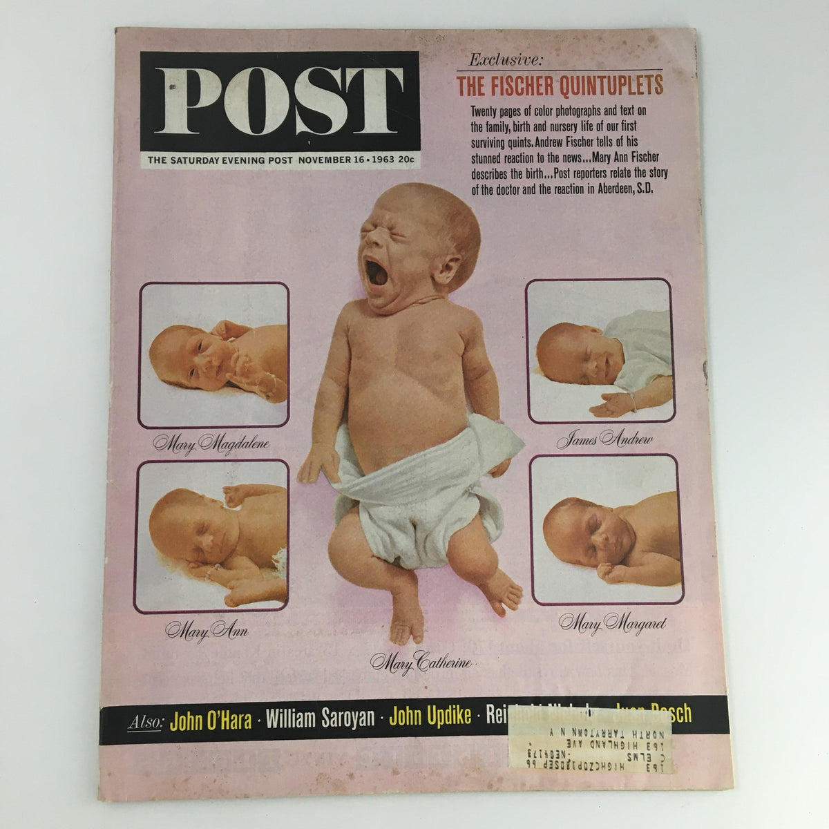 Cover of The Saturday Evening Post dated November 16, 1963, featuring a collection of photographs and details about The Fischer Quintuplets. The cover includes images of the quintuplets with their names: Mary Magdalene, Mary Ann, Mary Catherine, James Andrew, and Mary Margaret.