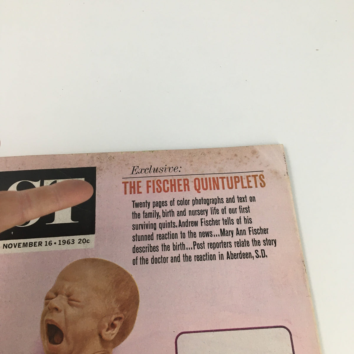 Cover of The Saturday Evening Post November 16, 1963 featuring the Fischer Quintuplets. The image displays an exclusive headline about the Fischer Quintuplets alongside an infant's portrait, showcasing nostalgic features of an iconic vintage magazine.