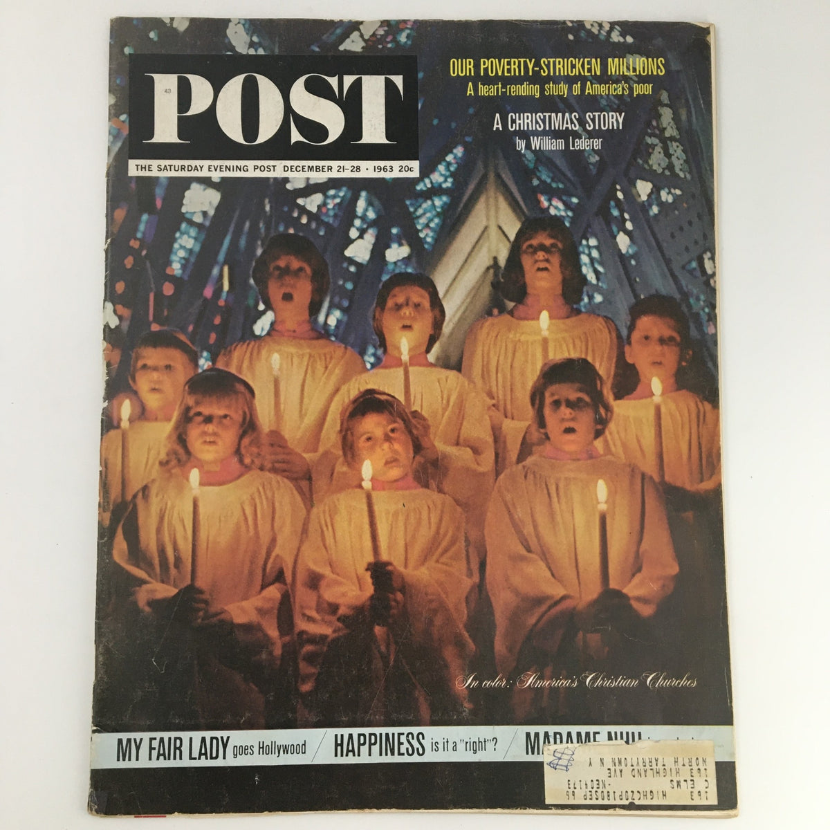 The Saturday Evening Post December 21-28, 1963 cover featuring children in choir robes holding candles, reflecting the theme of America's Christian Churches during a pivotal cultural era.
