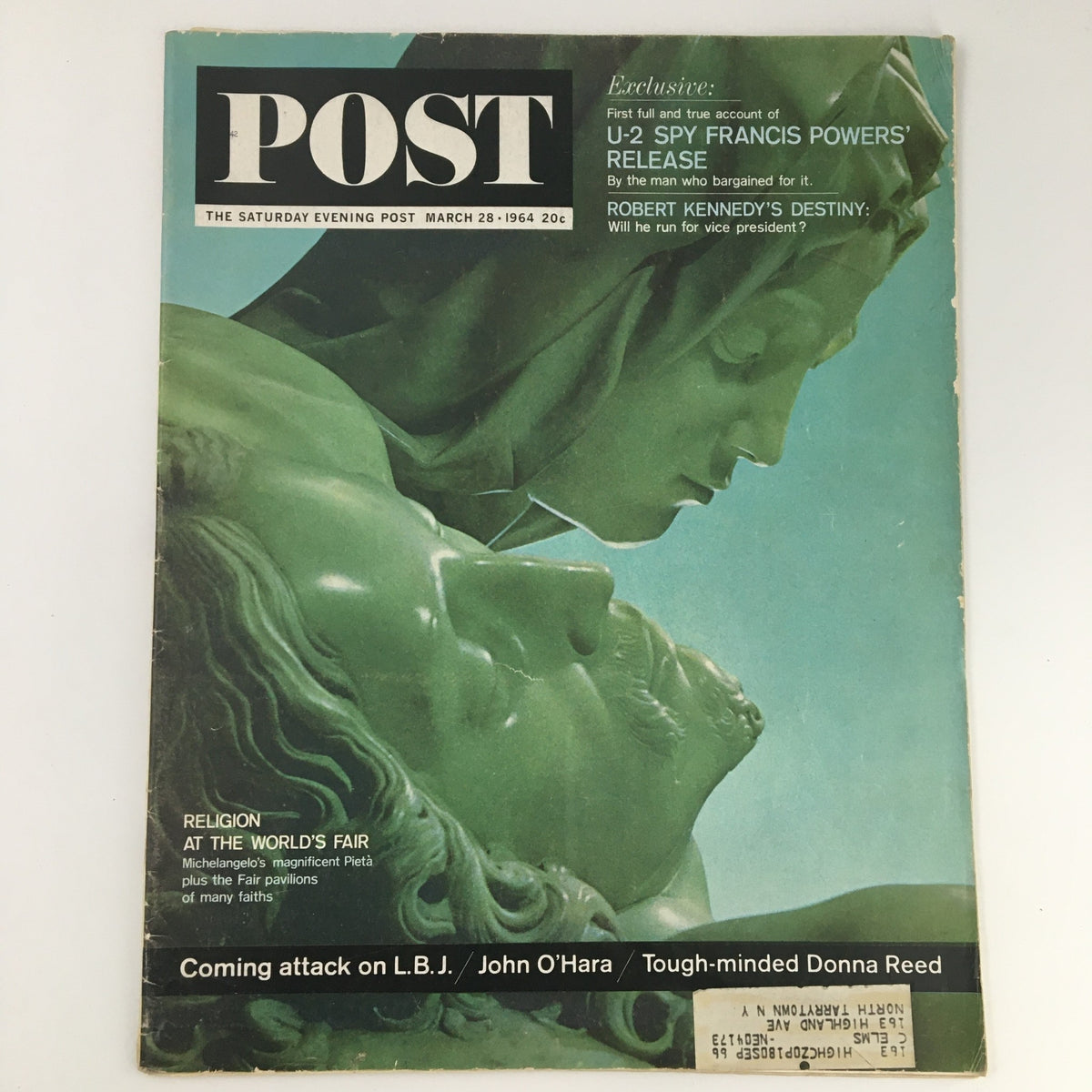 Cover of The Saturday Evening Post from March 28, 1964, featuring articles on Lyndon B. Johnson, Robert Kennedy, and a representation of Michelangelo's Pietà.