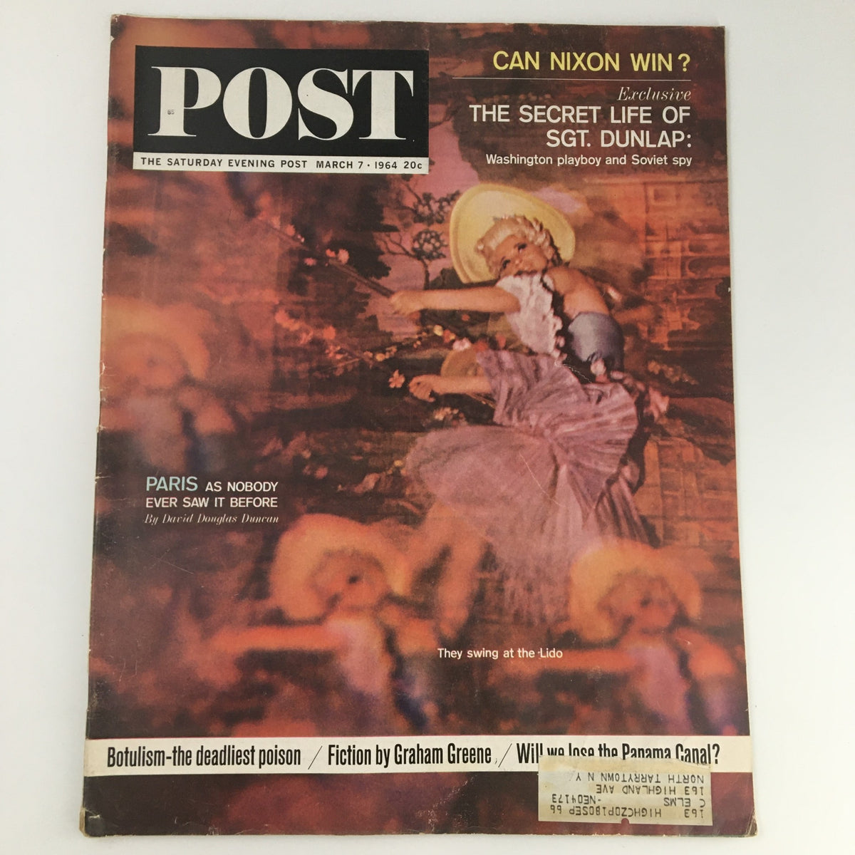 Cover of The Saturday Evening Post from March 7, 1964, featuring the article 'The Secret Life of Sgt. Dunlap.' The magazine includes themes of espionage, political satire, and intriguing fiction with a vintage design.