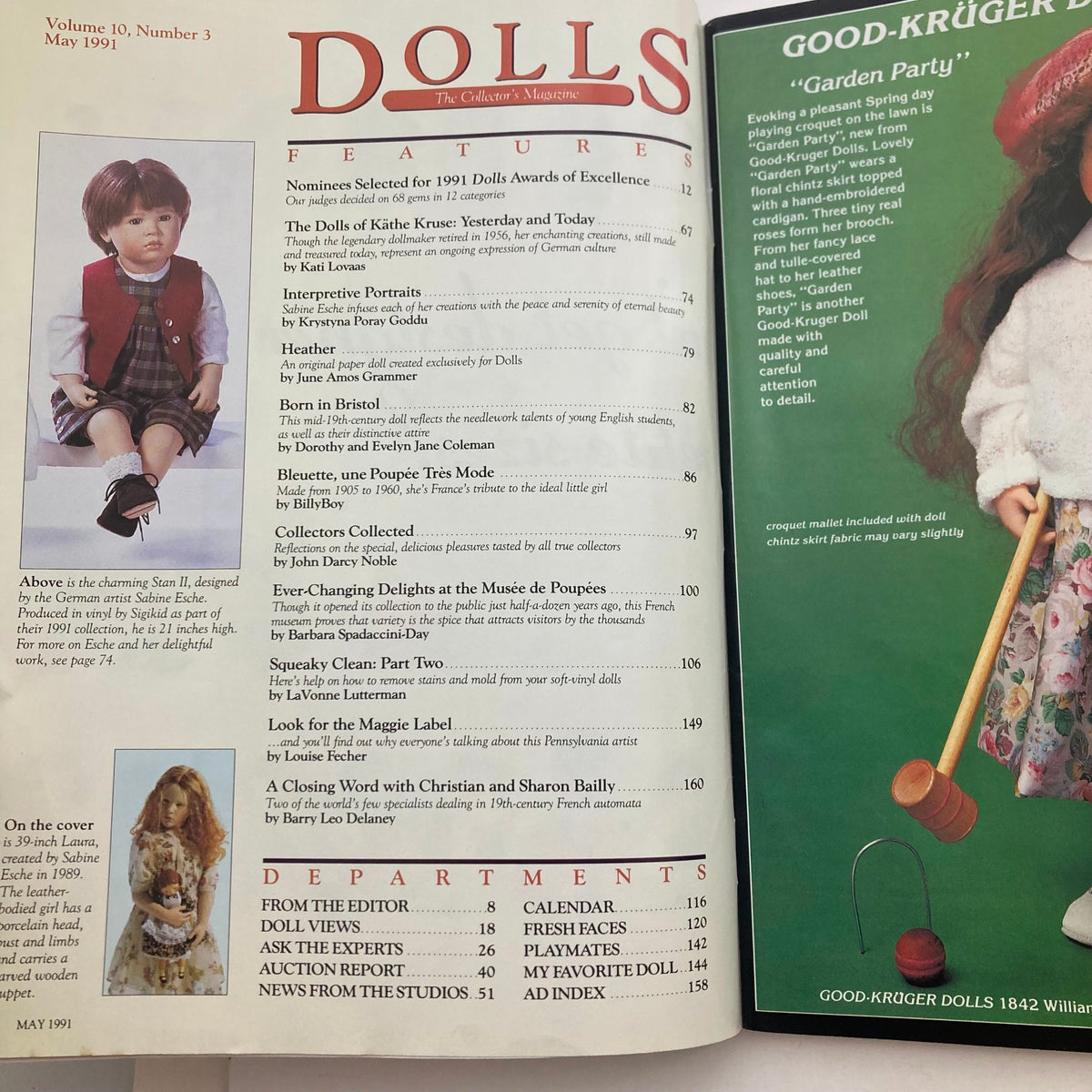 Interior page of VTG Dolls The Collector's Magazine May 1991, Volume 10, Number 3, showcasing features and articles including Sabine Esche's Laura doll, with a charming doll illustration and magazine layout.