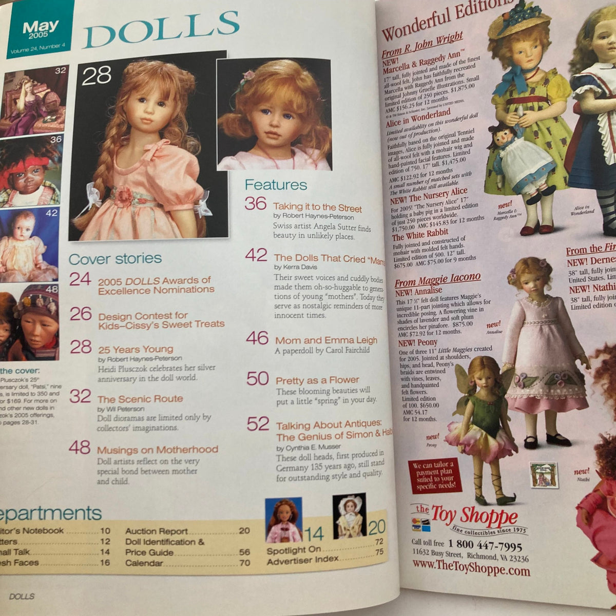 Inside spread of Dolls Magazine May 2005 Vol 24 No. 4 highlighting various features including articles on doll creations and the doll collecting community, along with advertisements for doll-related items and events.
