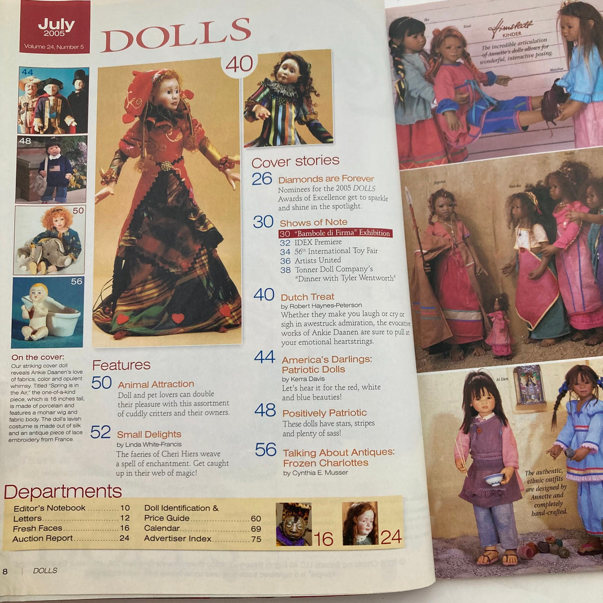 Cover page of Dolls Magazine July 2005 featuring Ankie Daanen's Dutch Treats Frozen Charlottes, showcasing vintage dolls with colorful attire and detailed photographs of collectible dolls and articles.