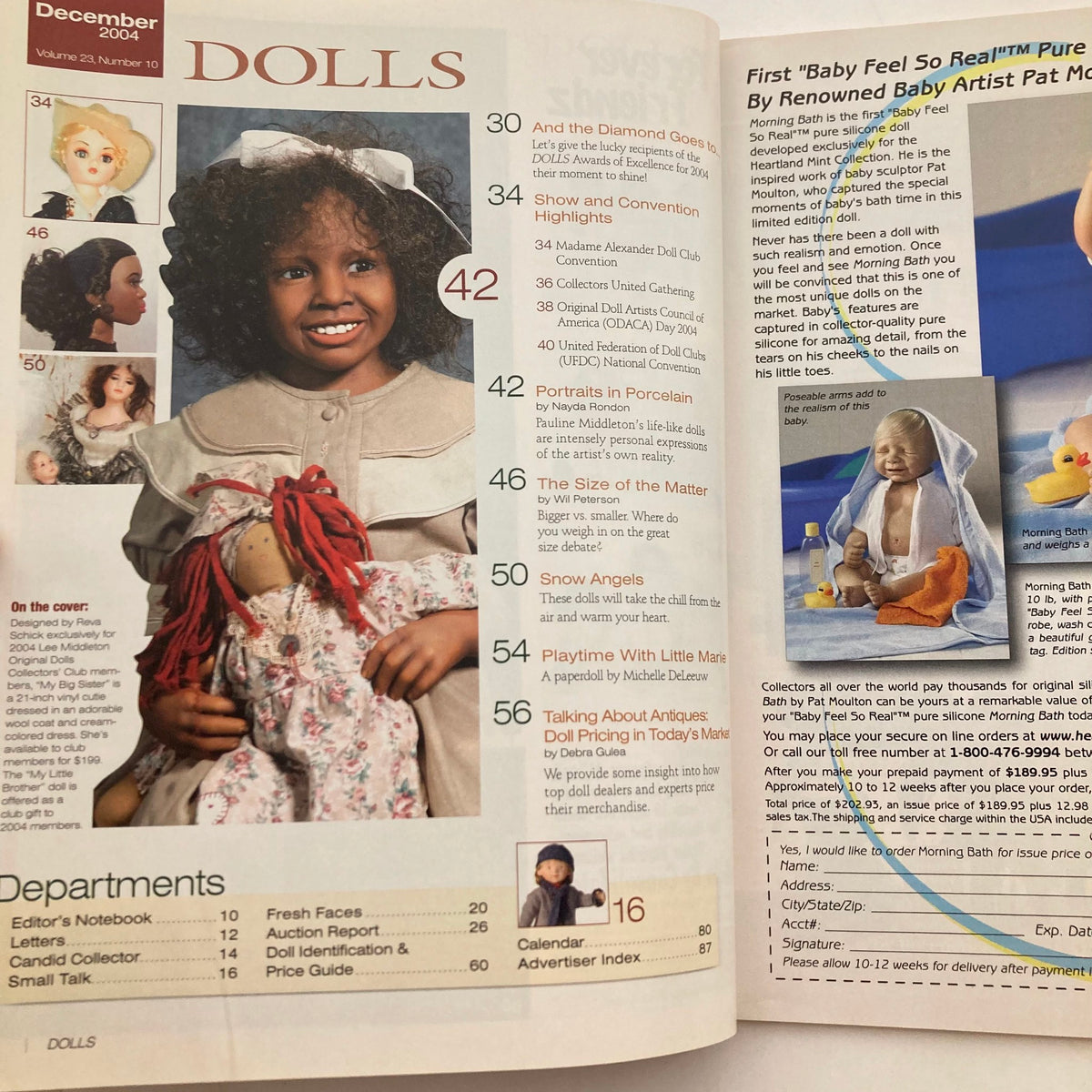 Interior page of Dolls Magazine December 2004 Vol 23 #10 displaying articles on doll artistry and featured highlights, including a girl in a bonnet and various doll-related topics.
