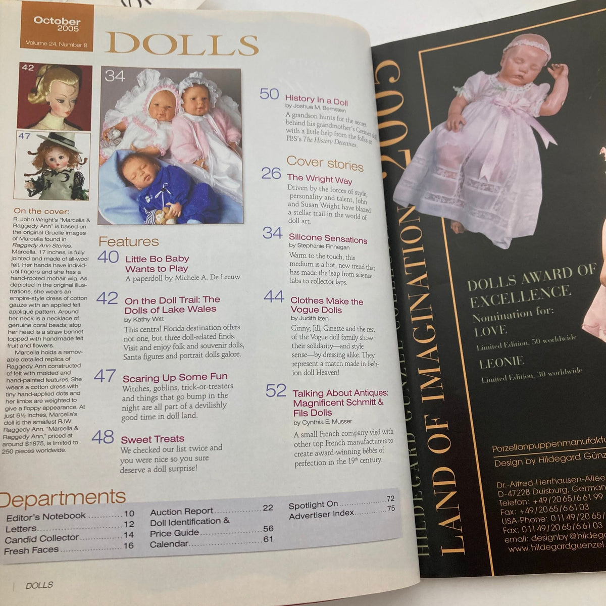 Inside page of Dolls Magazine October 2005, displaying content features including articles on dolls, history, outfits, and a spotlight on silicone baby dolls, emphasizing the artistry in doll making.