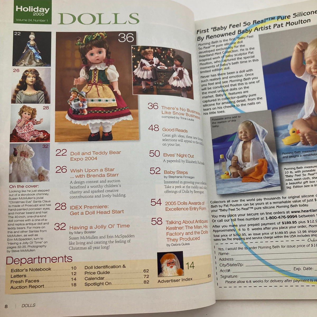 Inside page of Dolls Magazine Holiday 2005 Vol 24 No. 1, highlighting various dolls and articles, including Doll and Teddy Bear Expo 2004 and baby feel silicone dolls by renowned artist Pat Moulton.