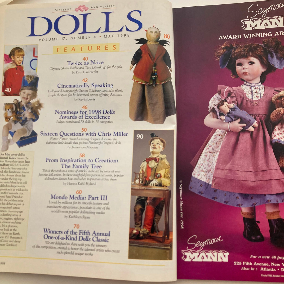 Interior page of Dolls Magazine May 1998 Vol 17 No. 4, displaying featured articles, including 'Nominees for 1998 Dolls Awards of Excellence' and images of various collectible dolls.