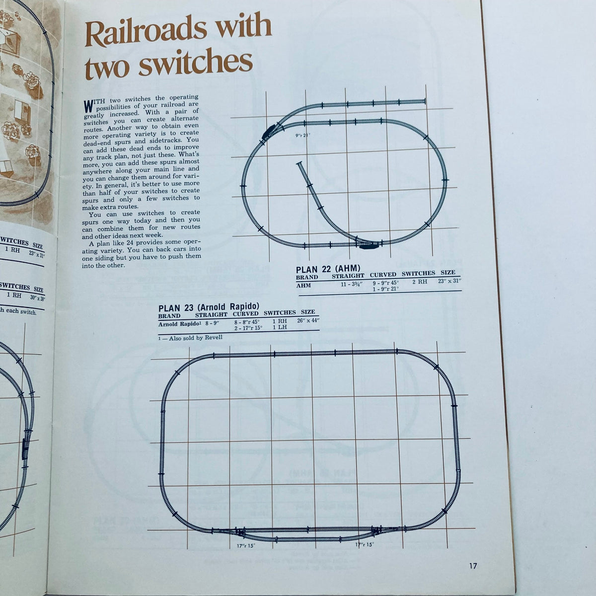Detailed page from the N Scale Model Railroad Track Plans Book by Russ Larson, showcasing track plans involving two switches for model railroads.