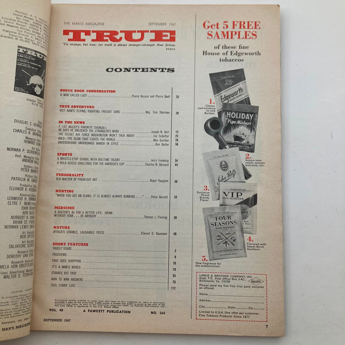 Contents page of TRUE The Man's Magazine September 1967 Vol 48 No. 364 showcasing topics including 'A Man Called Lucy' and various articles.
