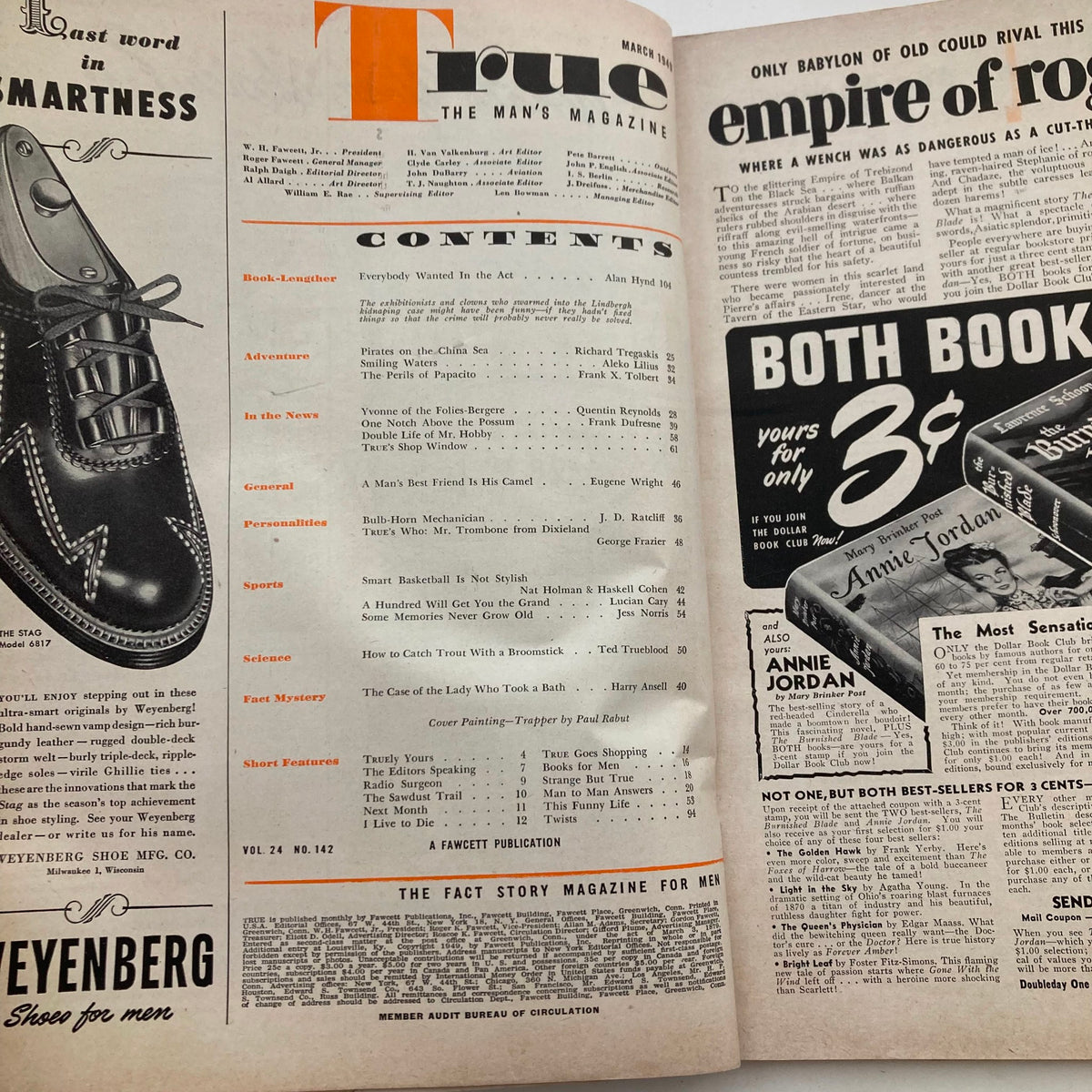 Interior page of VTG True Magazine March 1949 Vol 24 No. 142 displaying contents list and vintage advertisements.