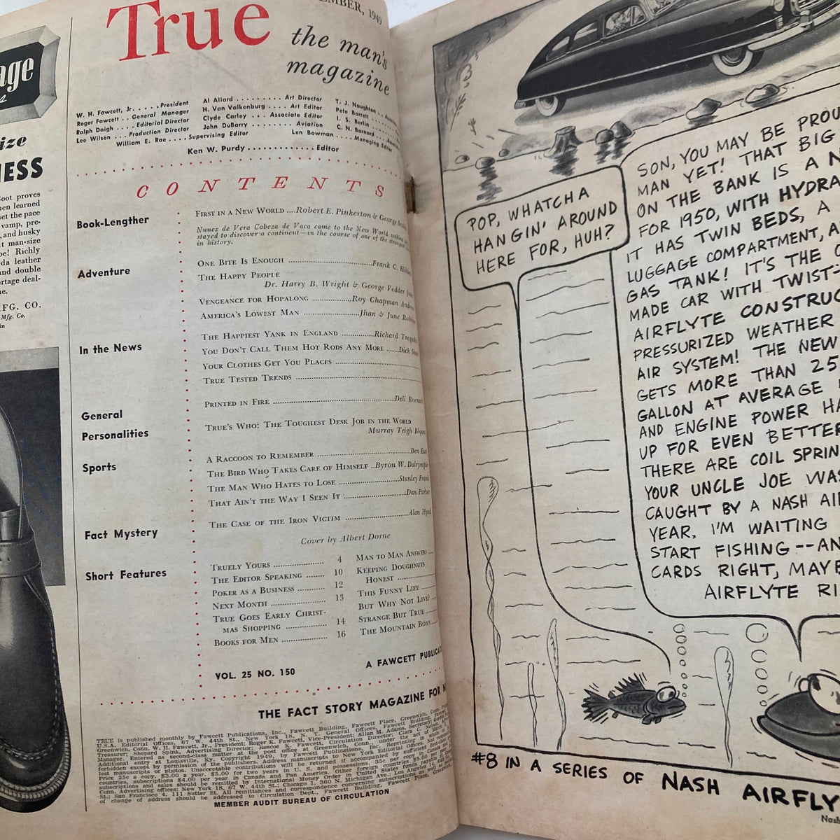 Interior page of True The Man's Magazine November 1949 Vol 25 No. 150 displaying table of contents and articles including 'Happiest Yank in England'.