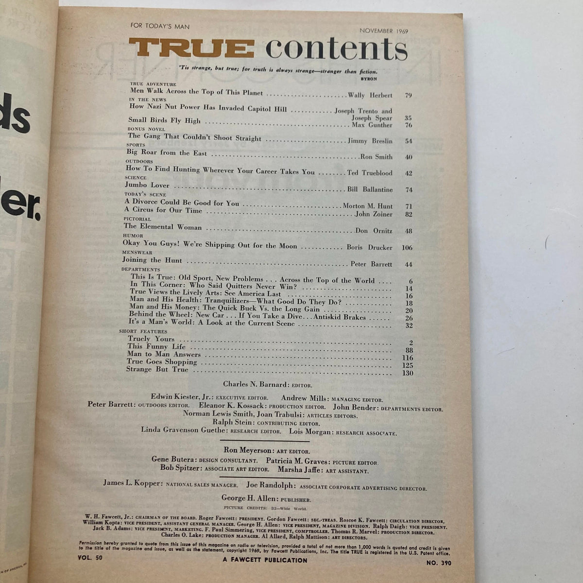 Table of contents page from TRUE The Man's Magazine November 1969, showcasing various articles including Jimmy Breslin's piece on Mafia Gang War.