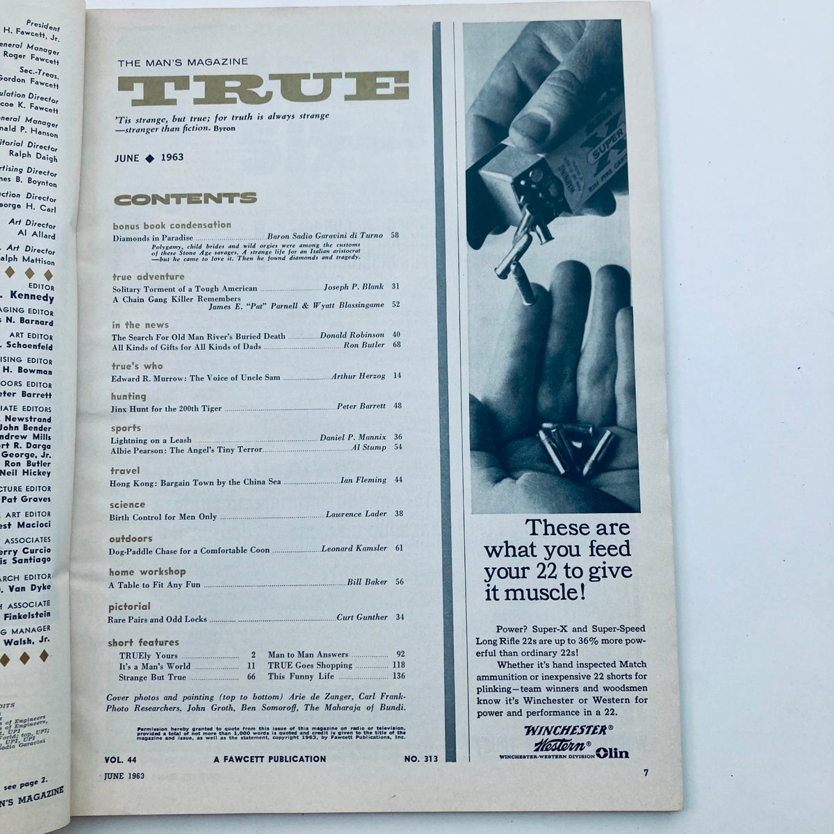 Contents page of VTG True Magazine, June 1963, showing articles including 'Birth Control for Men' and travel features by Ian Fleming; a glimpse into historical discussions and literature.