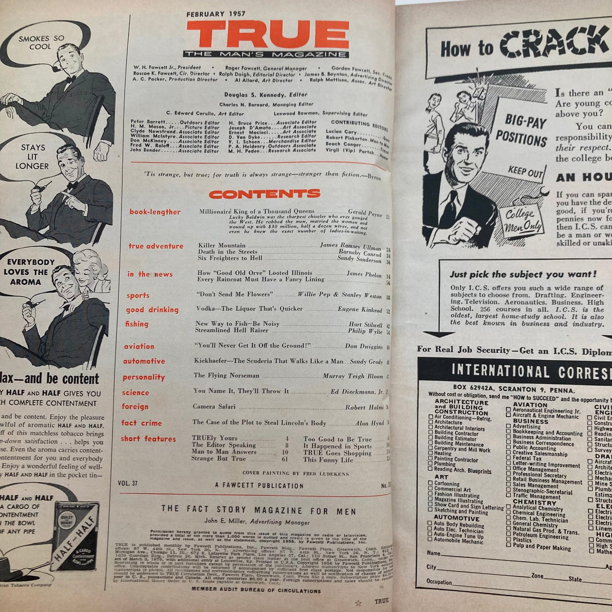 Inside view of TRUE The Man's Magazine February 1957 showing table of contents and advertisements, featuring the article 'Millionaire King of a Thousand Queens', a collectible vintage magazine.