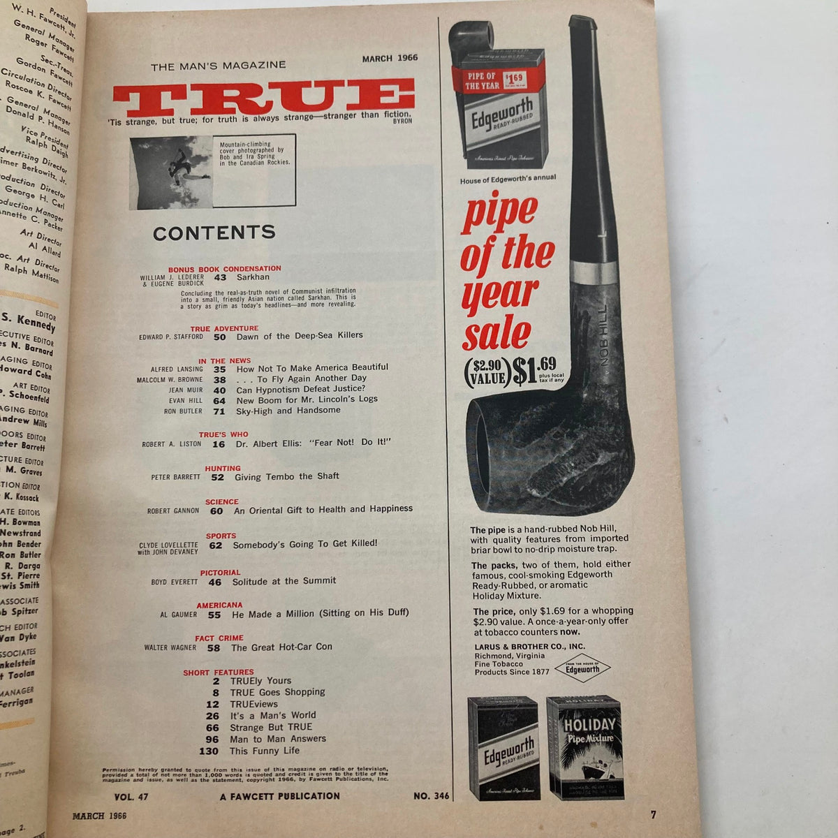 Inside page of TRUE The Man's Magazine March 1966 Vol 47 No. 346 displaying the table of contents, outlining various articles including 'A Sport Turns Brutal'.