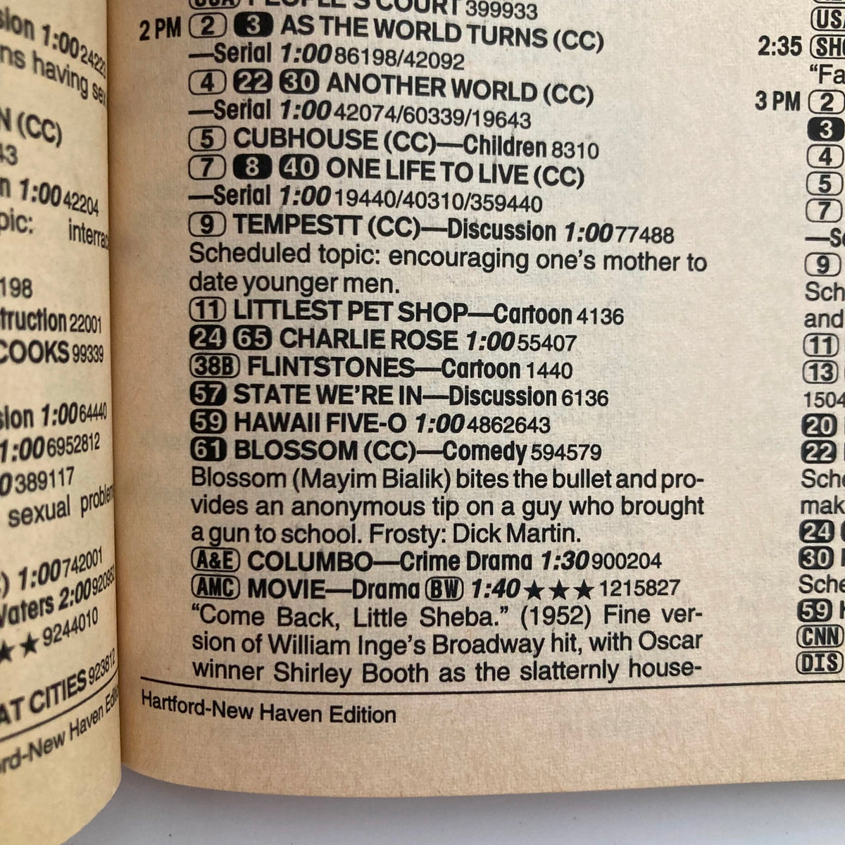 TV Guide Magazine Hartford-New Haven Edition listing for November 18, 1995. It includes program schedules such as 'As the World Turns', 'Cubhouse', and 'Blossom'.