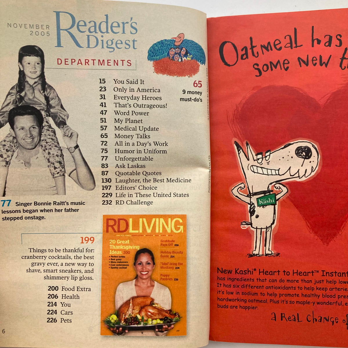 Reader's Digest Magazine November 2005 featuring departments overview, including articles on music, cooking, and inspirational stories. The magazine showcases a vintage layout with nostalgic illustrations and advertisements, emphasizing its collectible value.