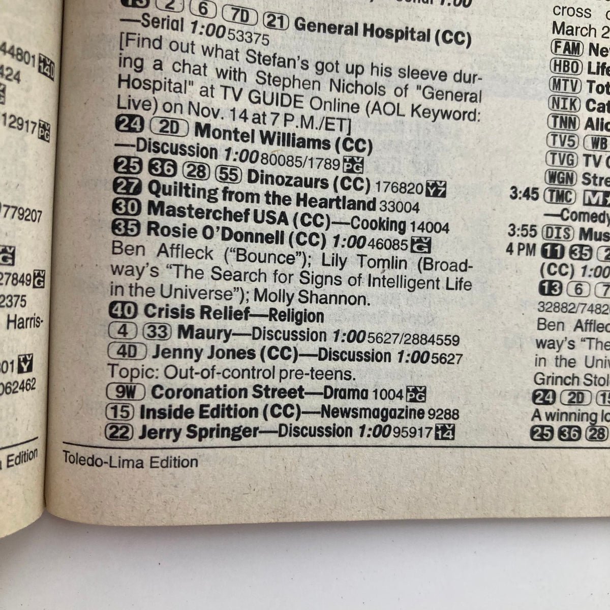 Interior page of the TV Guide Magazine from November 11, 2000, showcasing television listings including General Hospital and other shows, in Toledo-Lima Edition.