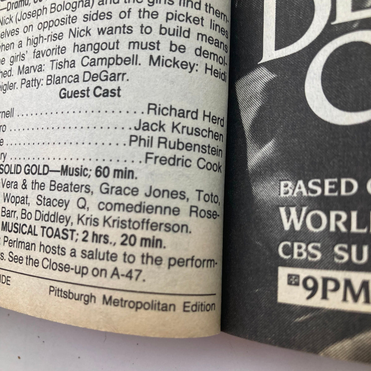 Detailed page from TV Guide Magazine March 21 1987 featuring guest cast list and television program details, including notable mentions of the show 'Solid Gold'.