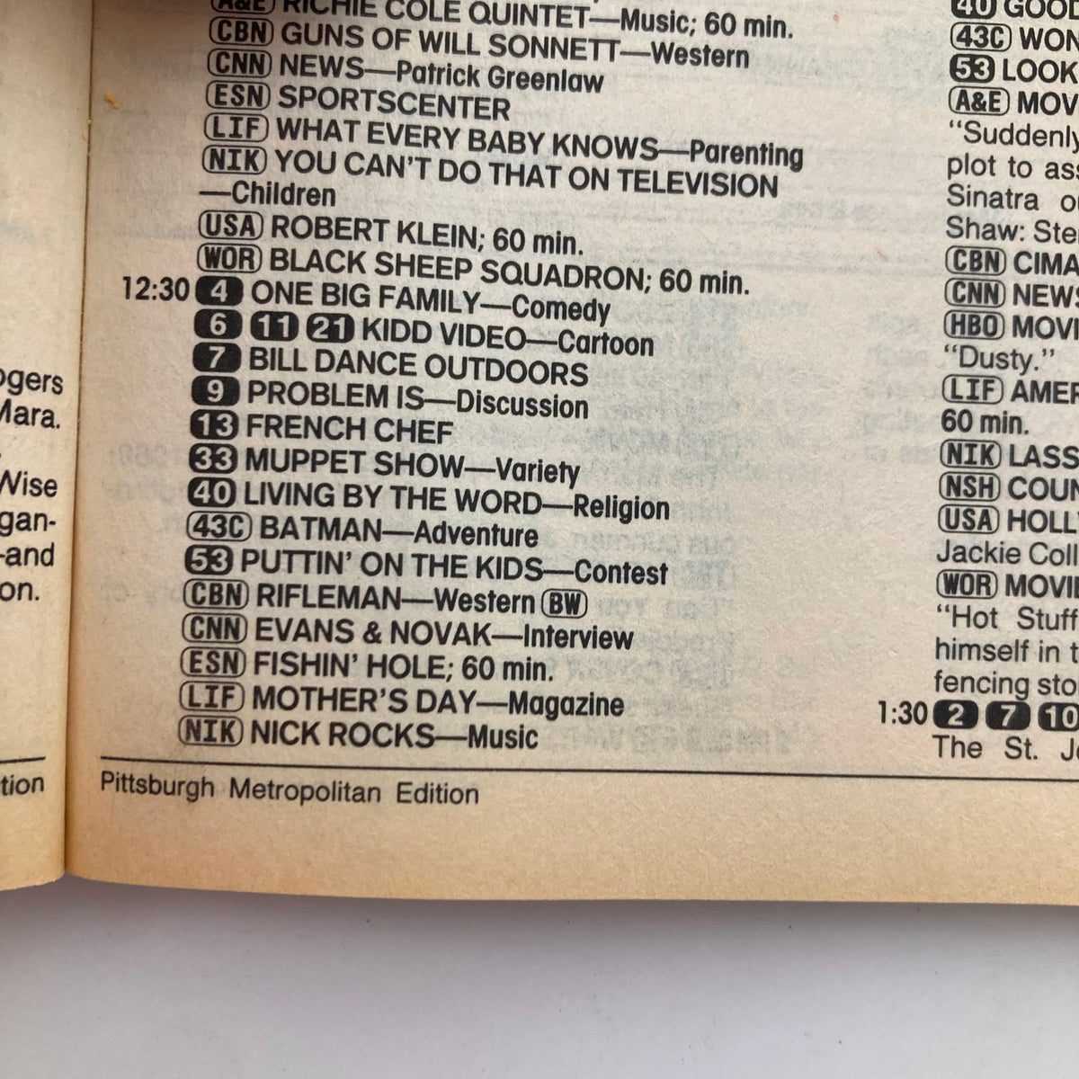 Inside page of the TV Guide Magazine January 24 1987, showing the TV schedule and programming lineup for Pittsburgh Metropolitan Edition.