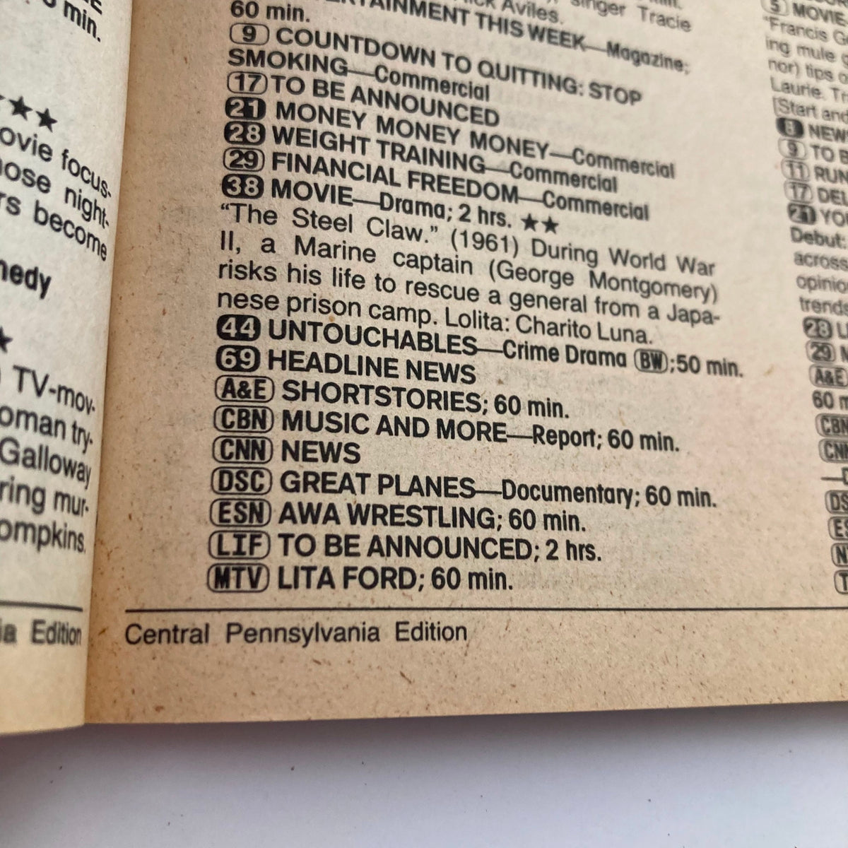 Inside page of TV Guide Magazine dated March 11, 1989 showing TV listings and programs, part of Central Pennsylvania Edition.