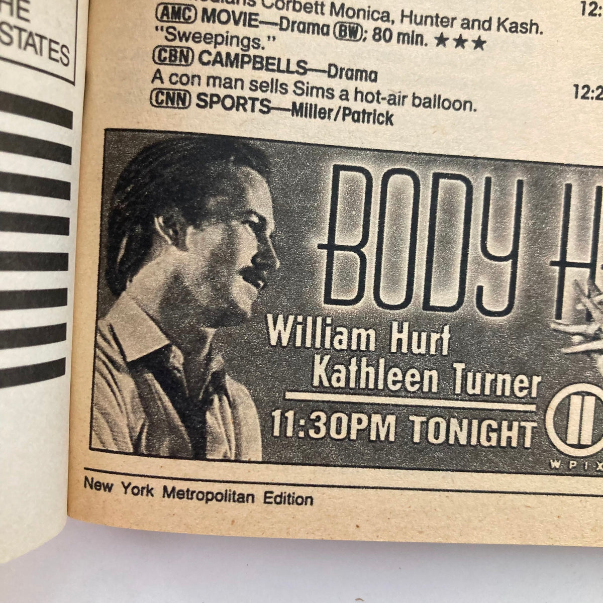 Interior page of TV Guide Magazine February 4, 1989 showcasing a feature on the movie 'Body Heat' starring William Hurt and Kathleen Turner, with details about the movie's airing time.
