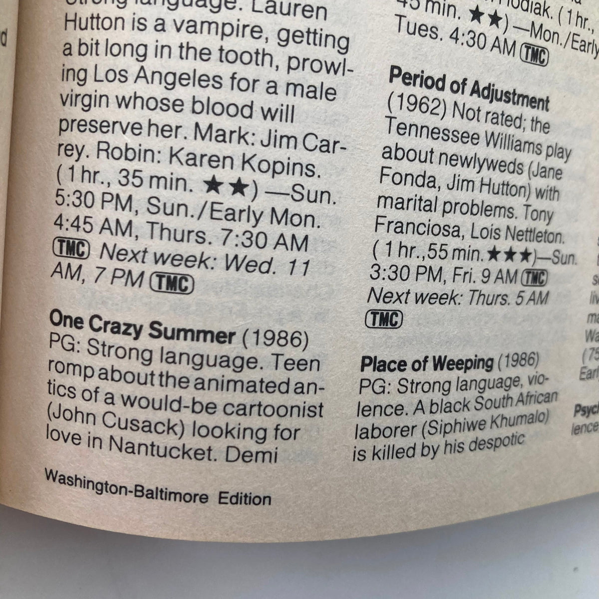 Inside page of TV Guide Magazine February 13 1988, providing movie listings and descriptions, including titles like 'One Crazy Summer' and 'Period of Adjustment', part of the Washington-Baltimore edition.
