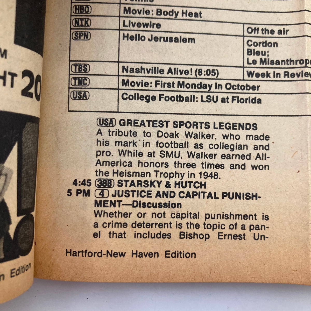 Inside page of TV Guide Magazine October 2, 1982, showing program listings including 'Starksy & Hutch' and 'College Football: LSU at Florida', part of the Hartford-New Haven Edition.