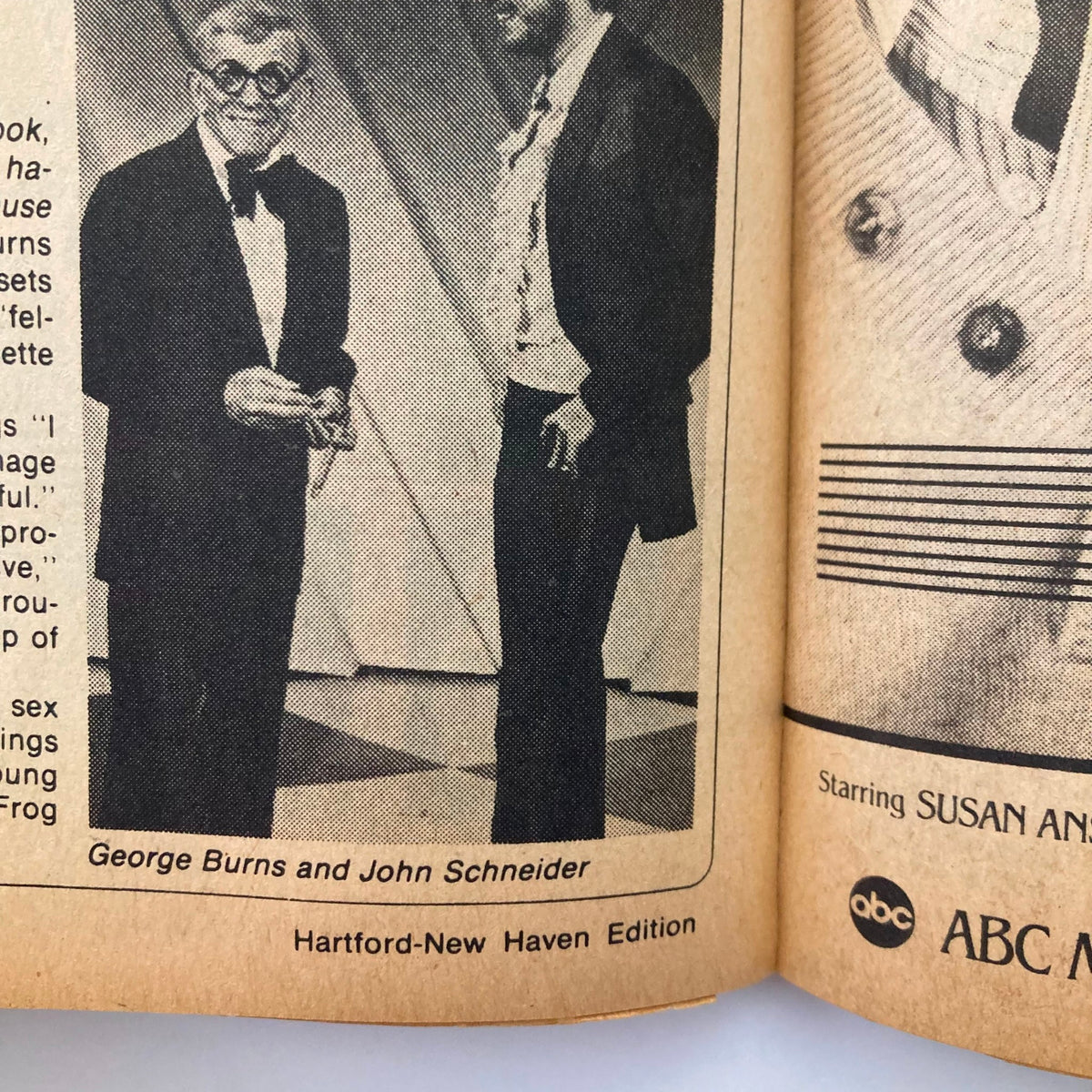 Interior page of TV Guide Magazine from November 6, 1982, showing George Burns and John Schneider, with the Hartford-New Haven Edition label.