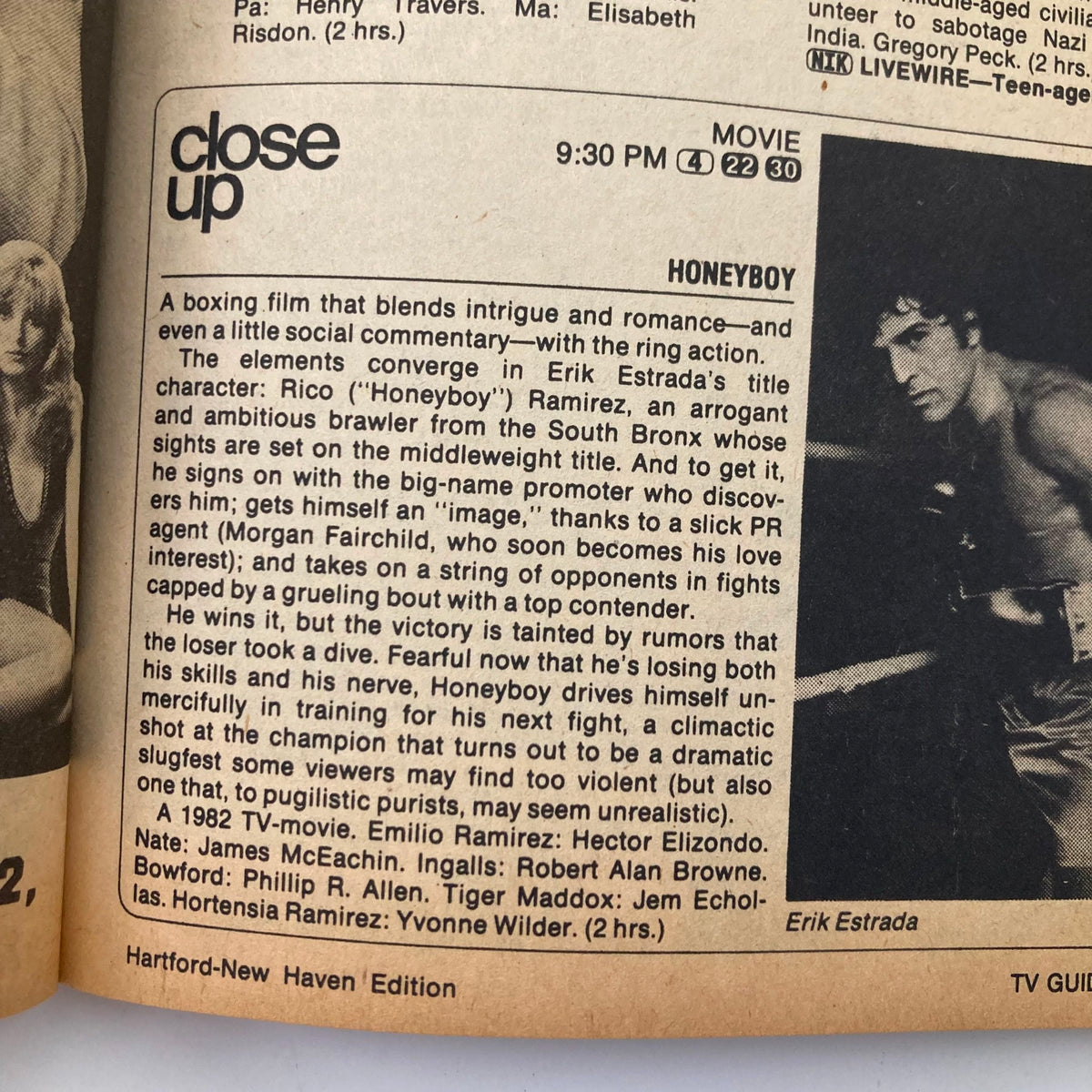 Close-up section from TV Guide Magazine October 16 1982, describing the movie 'Honeyboy' starring Erik Estrada, with a brief synopsis highlighting the boxing plot and characters.
