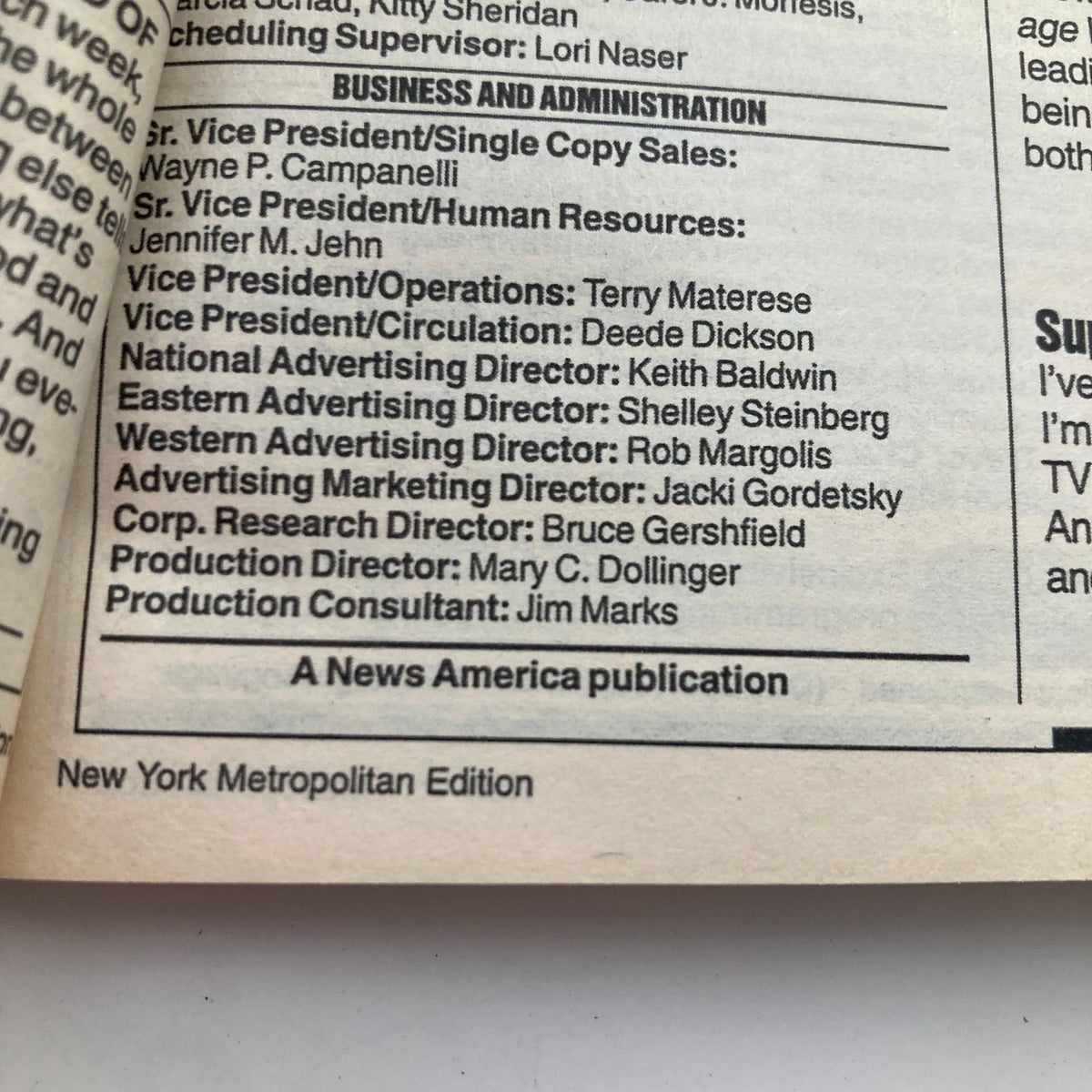 Inside page of TV Guide Magazine November 23, 1996 listing business and administration details, including names and titles of staff, providing insight into the magazine's operations.