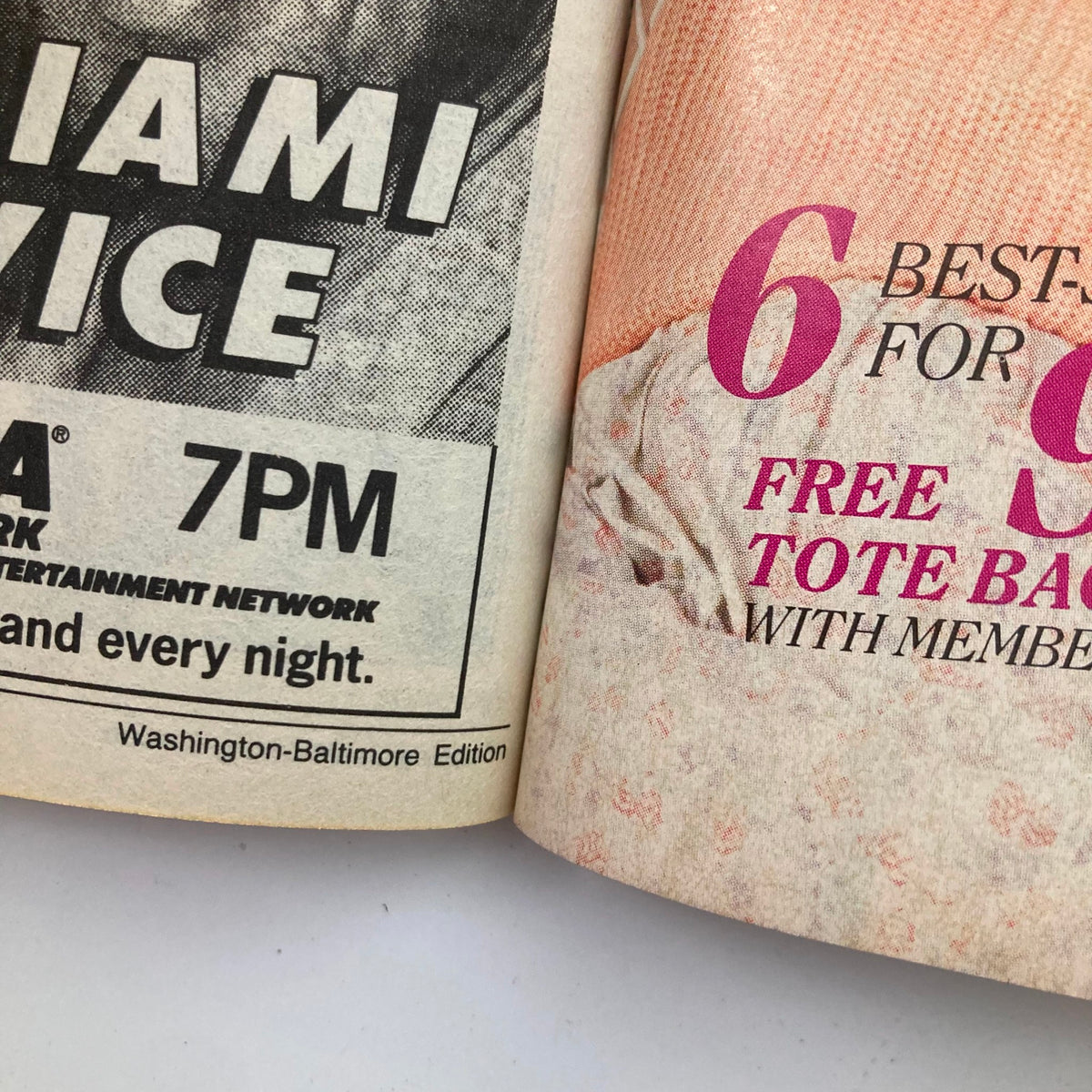 TV Guide Magazine October 8 1988 featuring an advertisement for Miami Vice at 7PM on the Washington-Baltimore Edition, showing promotional details for a tote bag offer.