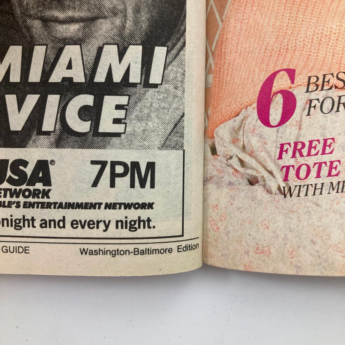Inside page of TV Guide Magazine October 8 1988 showing a television schedule advertisement for Miami Vice, part of the Washington-Baltimore Edition, capturing showtimes from the late '80s.