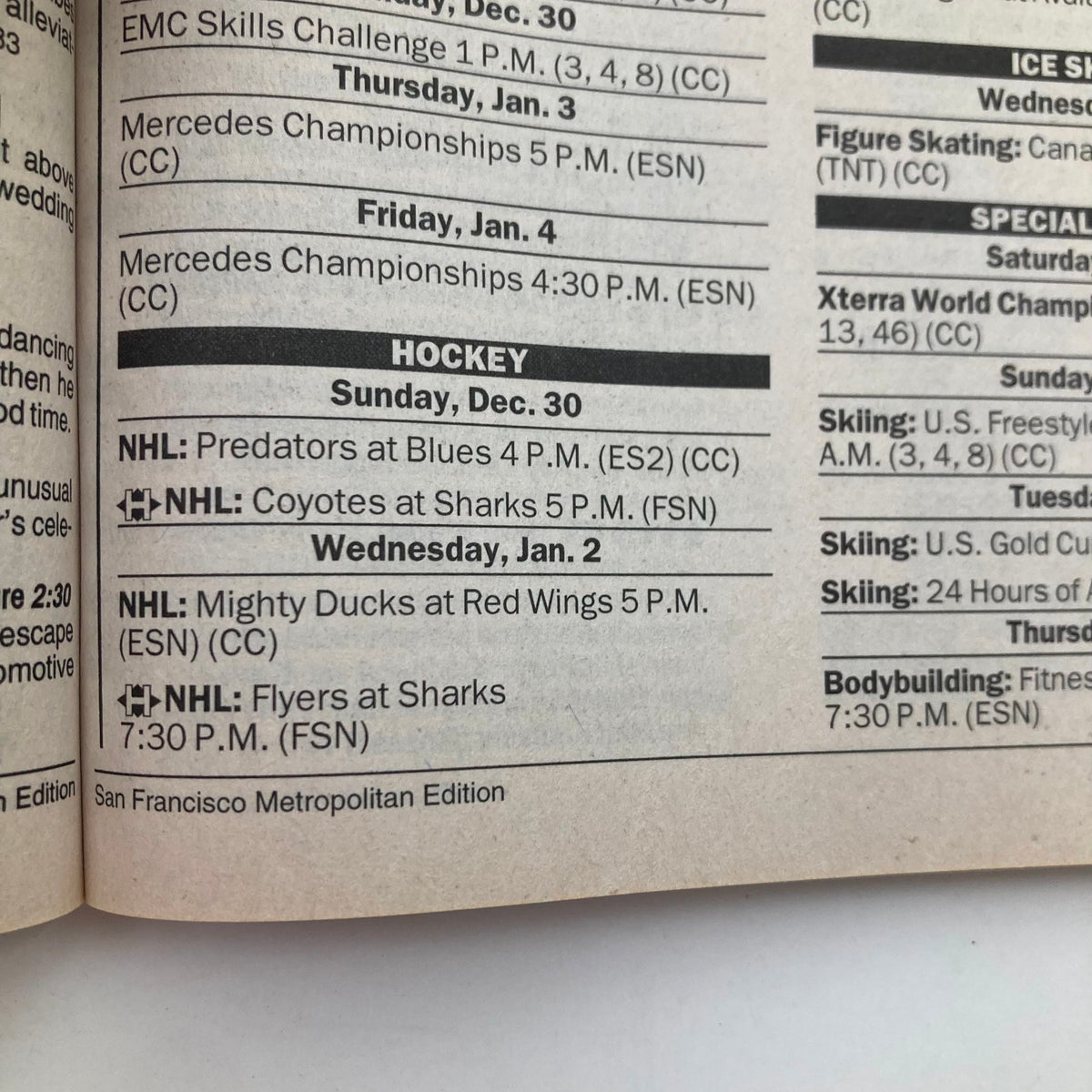 TV Guide Magazine December 29 2001 featuring George Harrison, with a close-up image of the San Francisco Metropolitan Edition's TV schedule for Sunday, December 30, including NHL game listings.