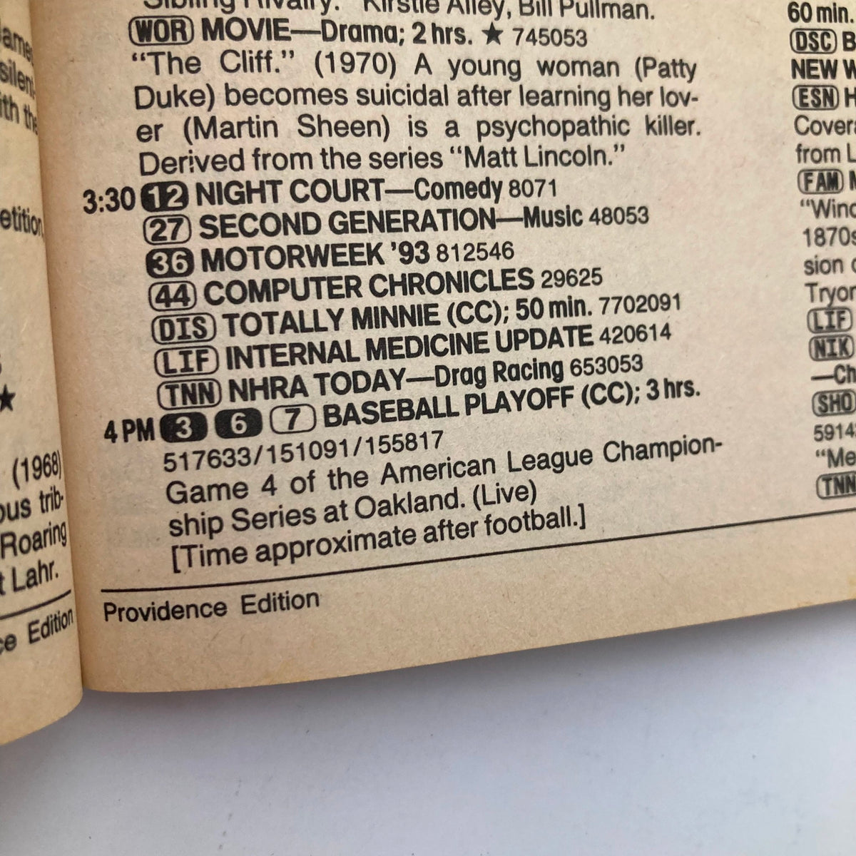 Inside page of TV Guide Magazine October 10 1992 showcasing the programming schedule including listings for popular shows like 'Night Court' and 'Baseball Playoff', along with the Providence Edition identifier.