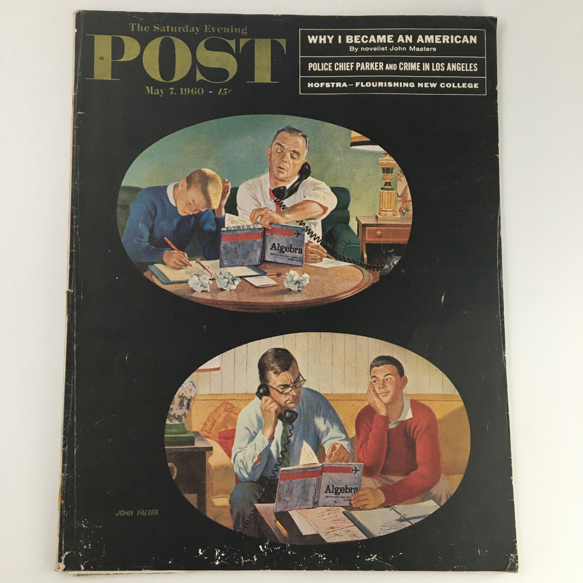 Cover of The Saturday Evening Post from May 7, 1960, featuring Police Chief Parker with illustrations of students studying Algebra.