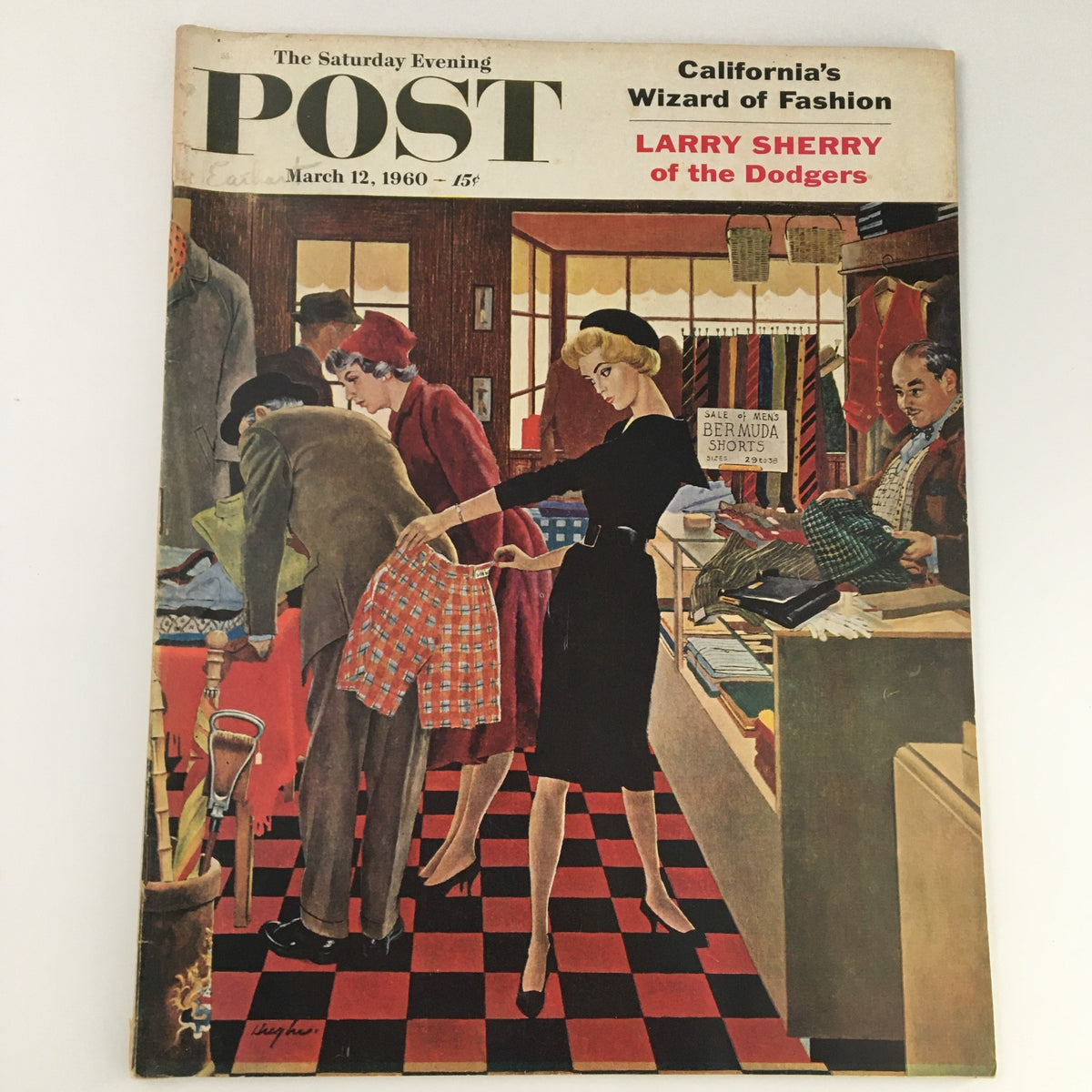 The Saturday Evening Post March 12 1960 featuring Larry Sherry of the Dodgers, showcasing vintage fashion in a store setting full of shoppers.