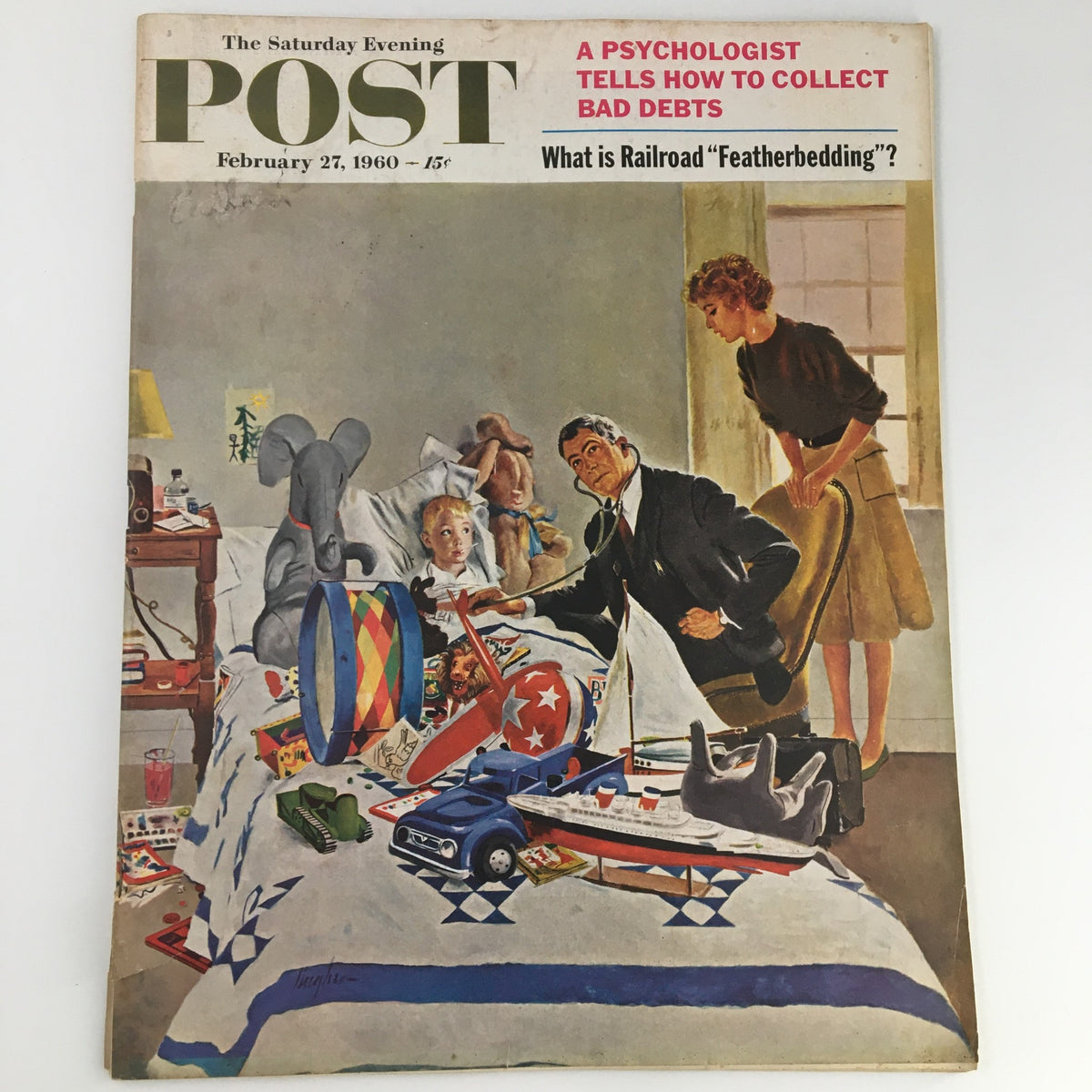 Cover of The Saturday Evening Post February 27 1960 featuring a child surrounded by toys, an adult in formal attire, and a woman in vintage clothing, highlighting a feature on collecting bad debts.